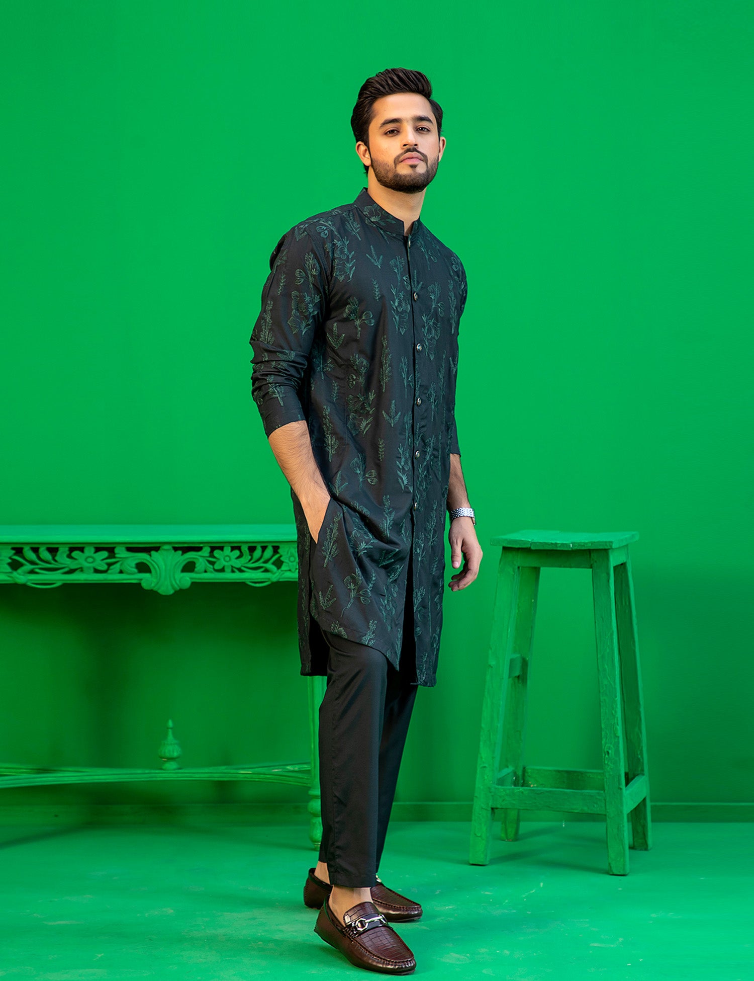 Deep Green Embroidered Washing Wear Kurta (2-Piece) - Image 7