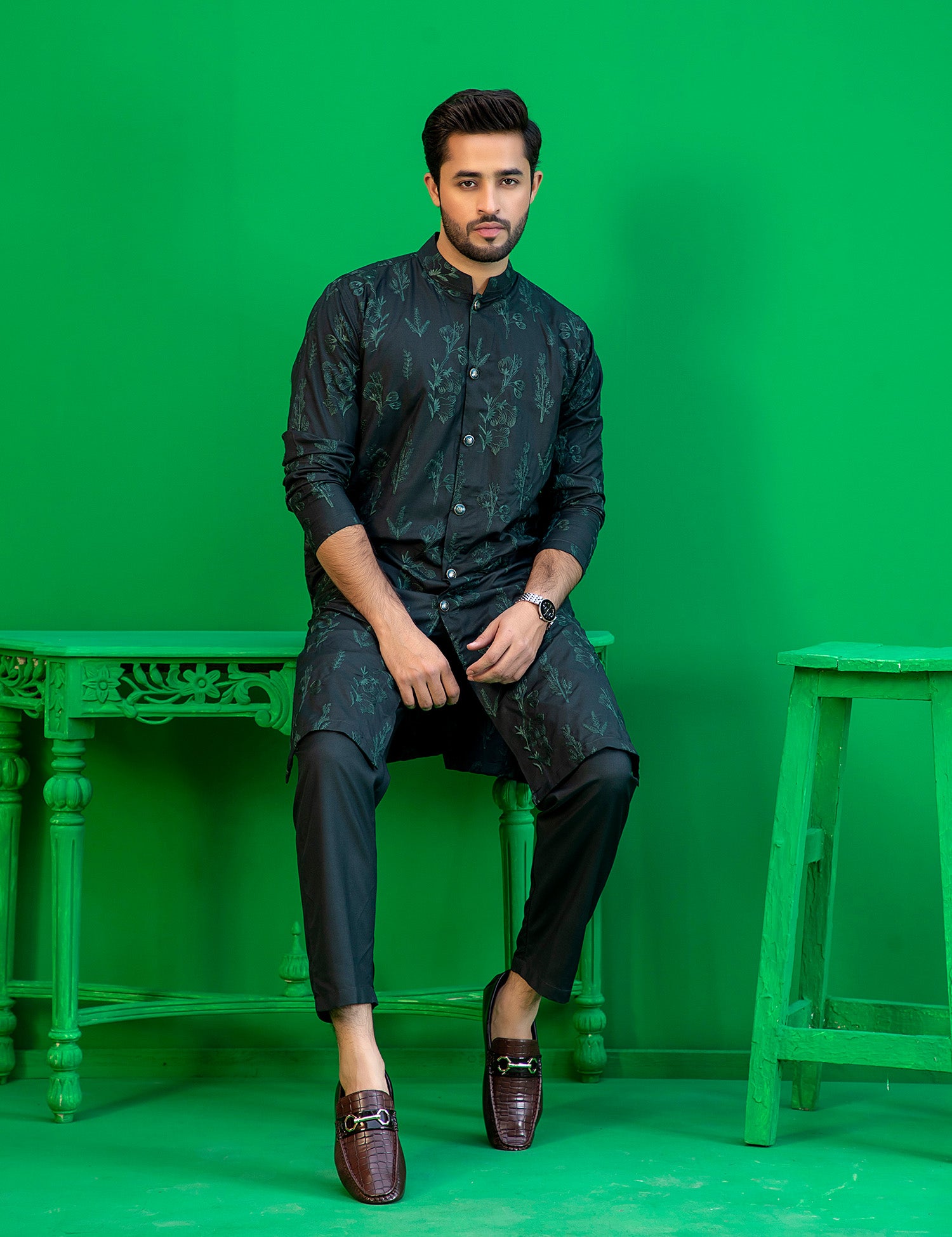 Deep Green Embroidered Washing Wear Kurta (2-Piece) - Image 8