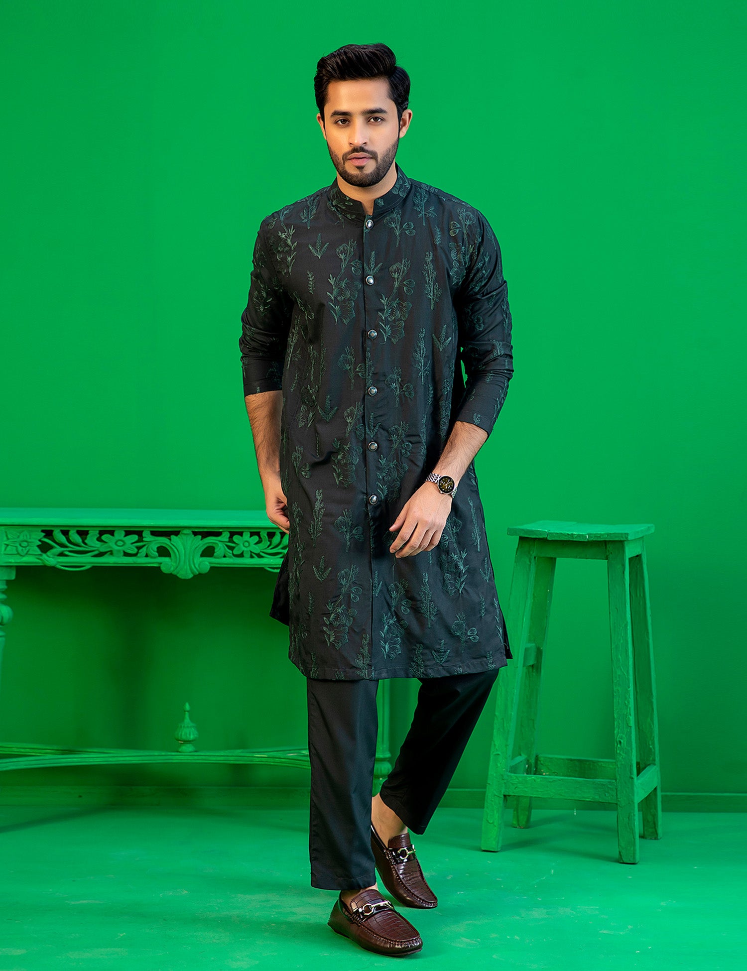 Deep Green Embroidered Washing Wear Kurta Set (2-Piece) - Image 1