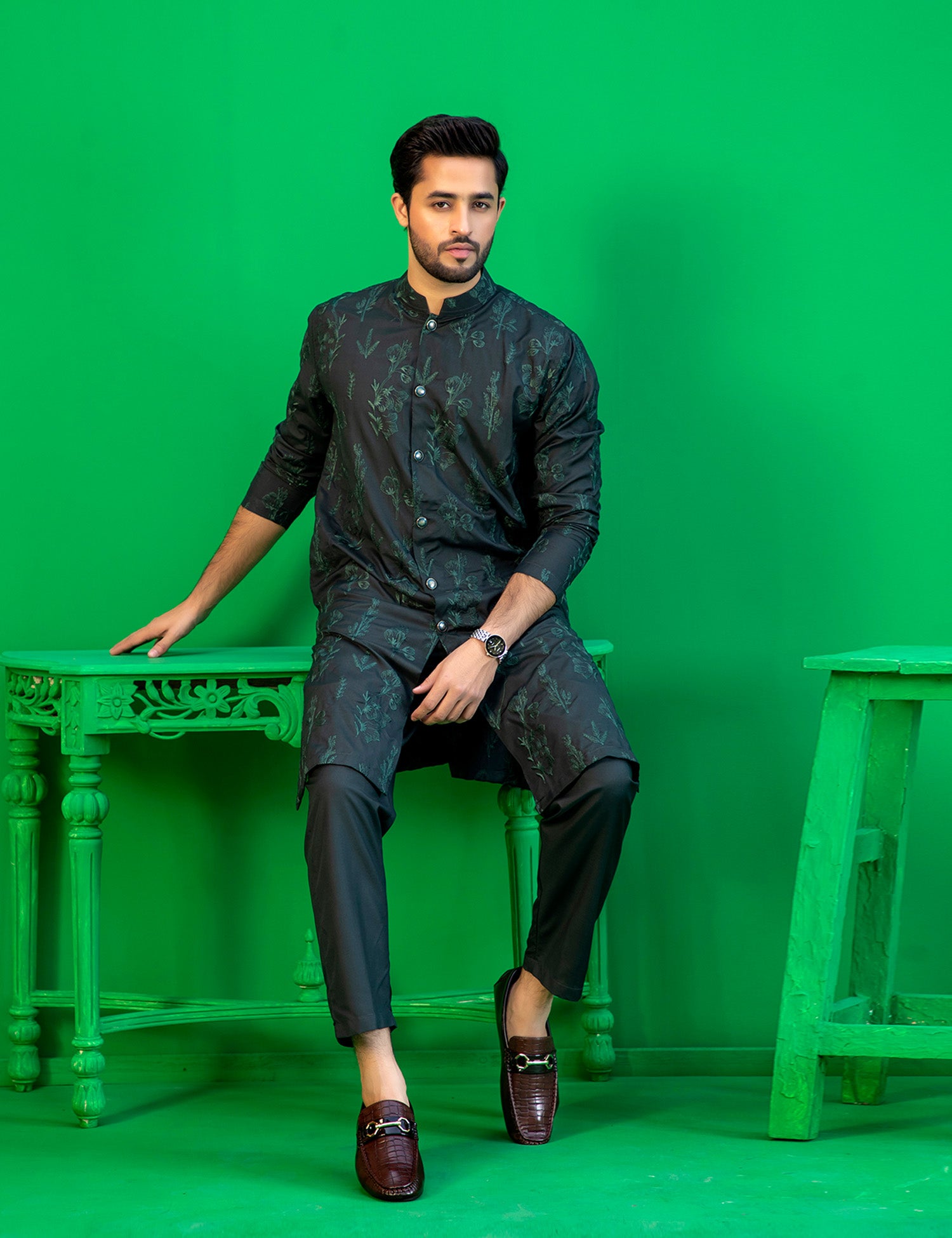 Deep Green Embroidered Washing Wear Kurta Set (2-Piece) - Image 10