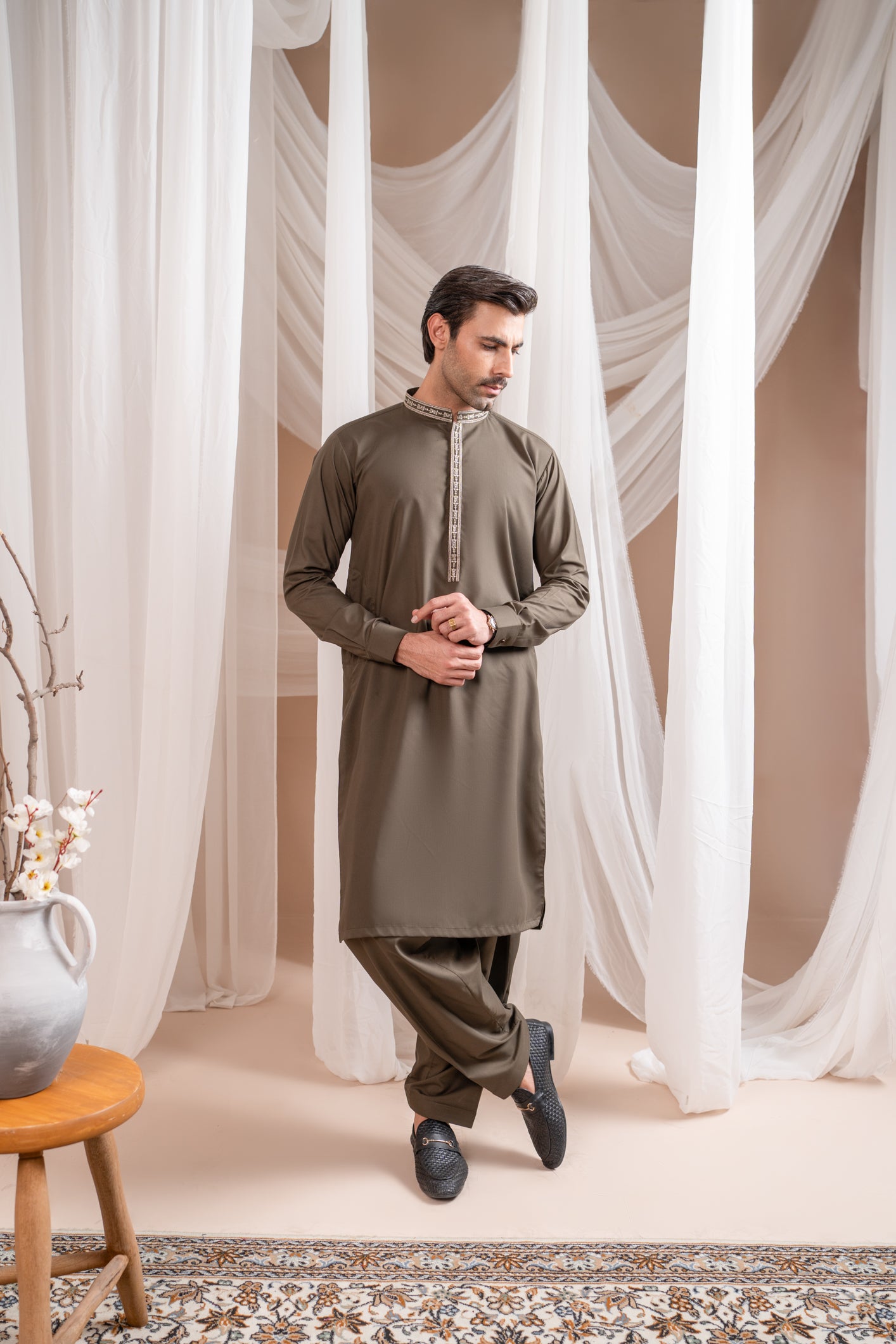 Olive Green Embroidered Blended Kurta Shalwar (2-Piece) - Image 2