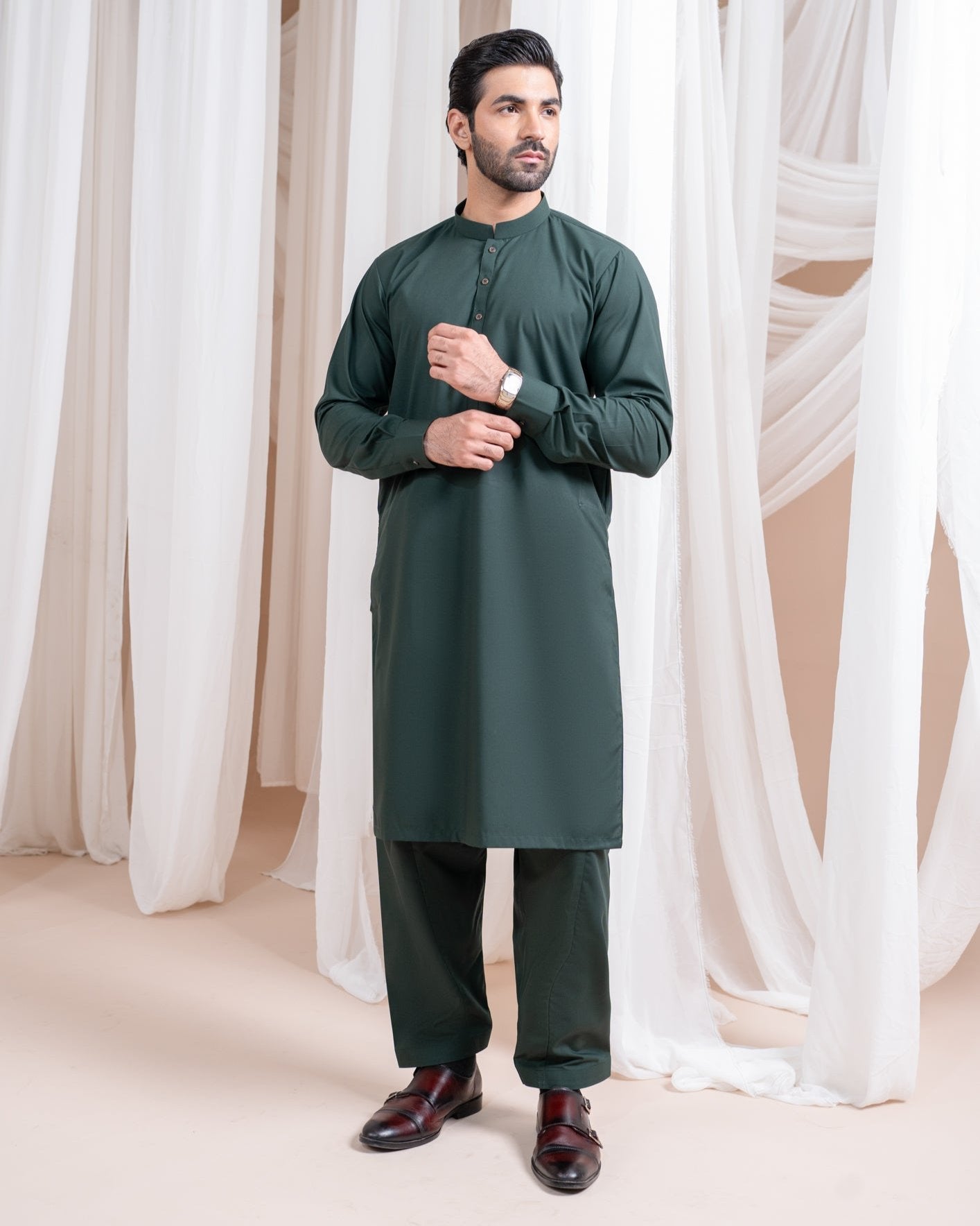 Bottle Green Luxury Blended Kurta Shalwar (2-Piece) - Image 2