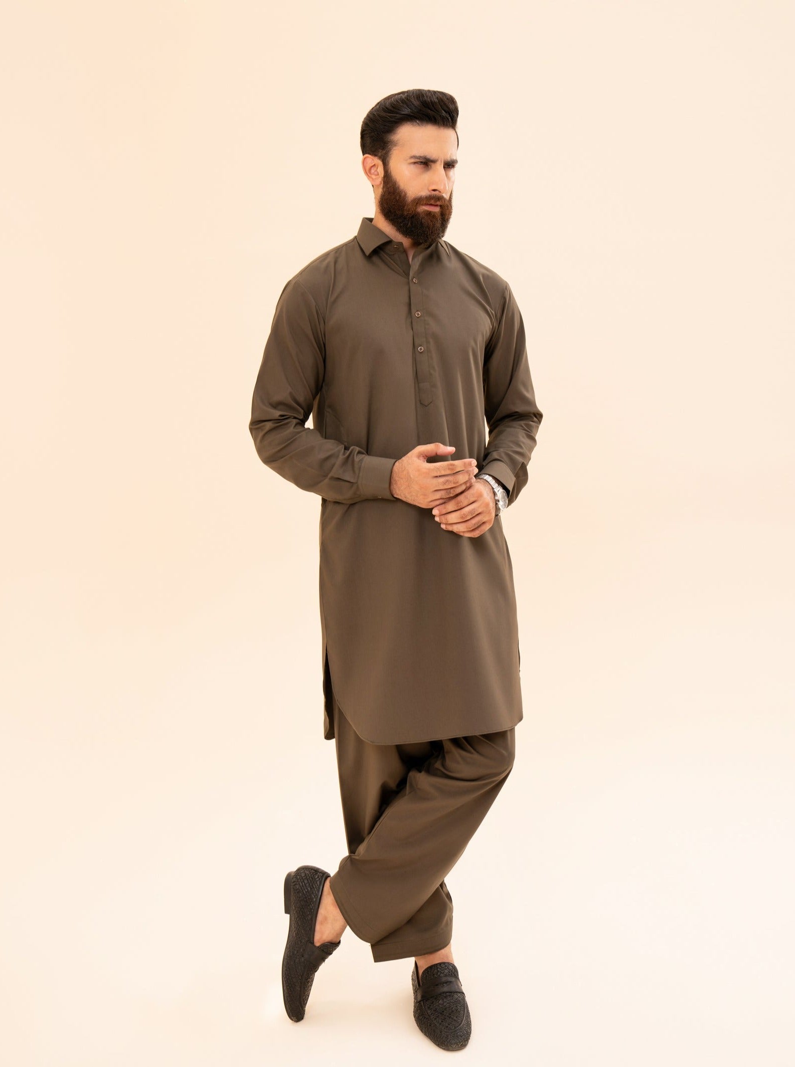 Olive Green Blended Fabric Kameez Shalwar (2-Piece) - Image 1