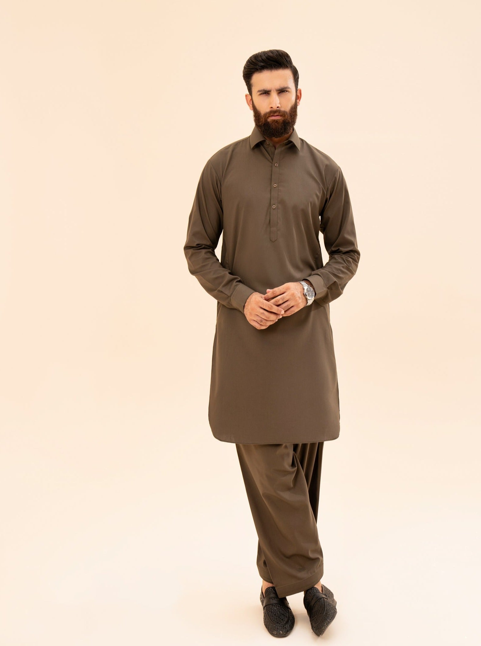 Olive Green Blended Fabric Kameez Shalwar (2-Piece) - Image 2