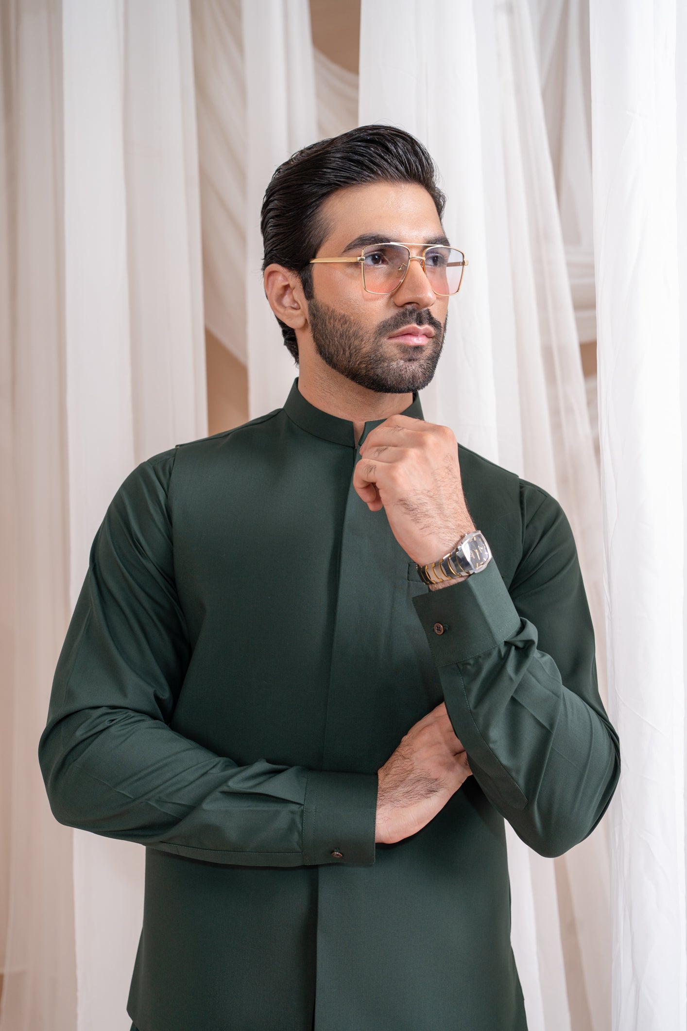 Bottle Green Blended Straight-Cut Shalwar Kameez (2-Piece) - Image 3