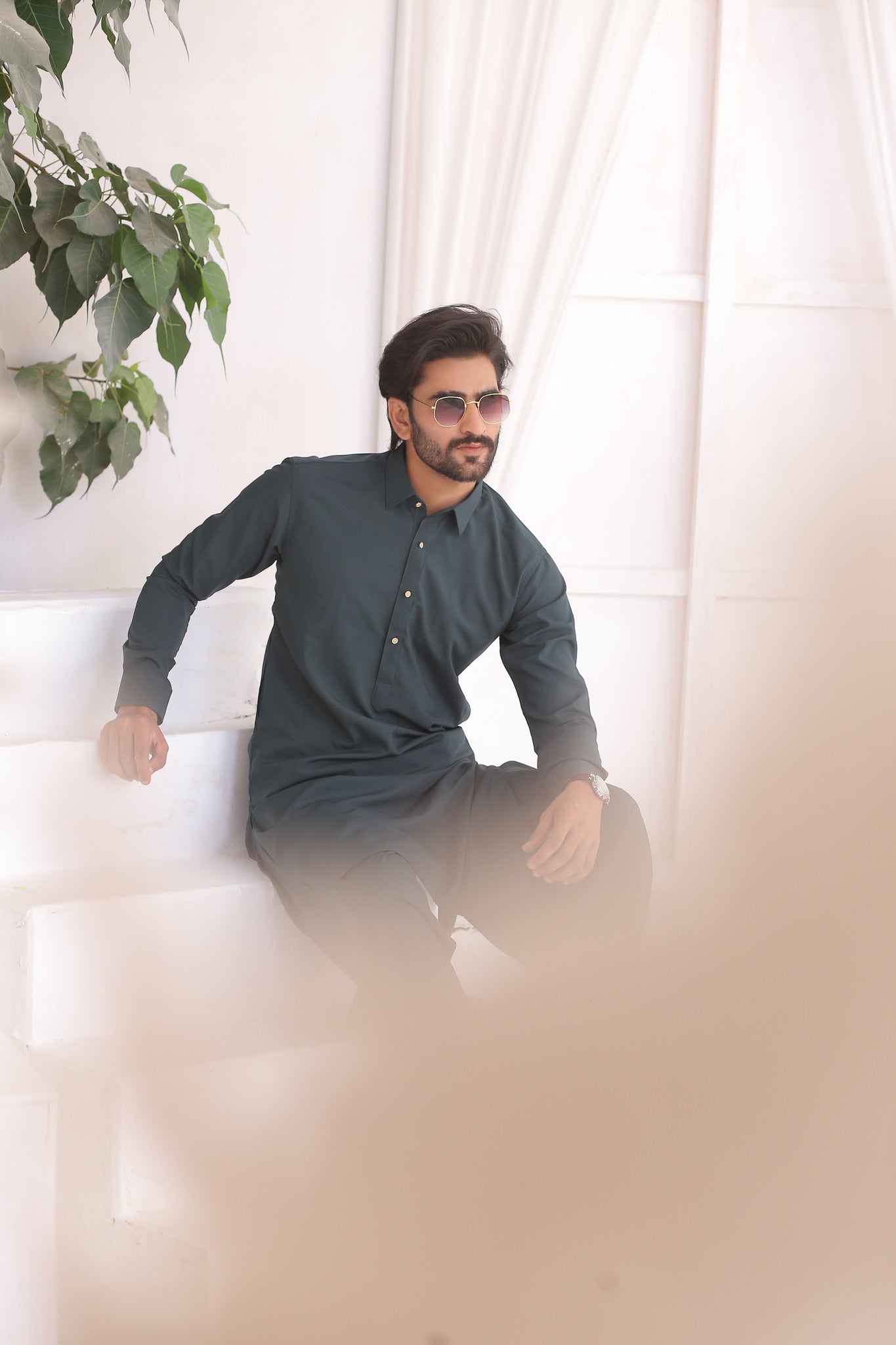 Deep Green Plain Blended Fabric Shalwar Kameez (2-Piece) - Image 4