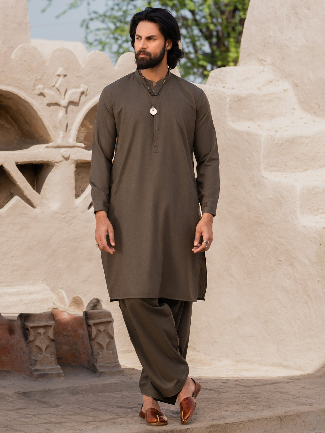 Olive Green Minimal Stitch Blended Shalwar Kameez (2-Piece) - Image 1