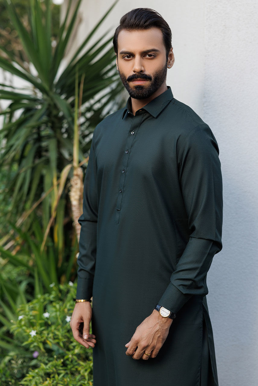 Dark Green Boski Linen Kurta Shalwar (2-Piece) - Image 2