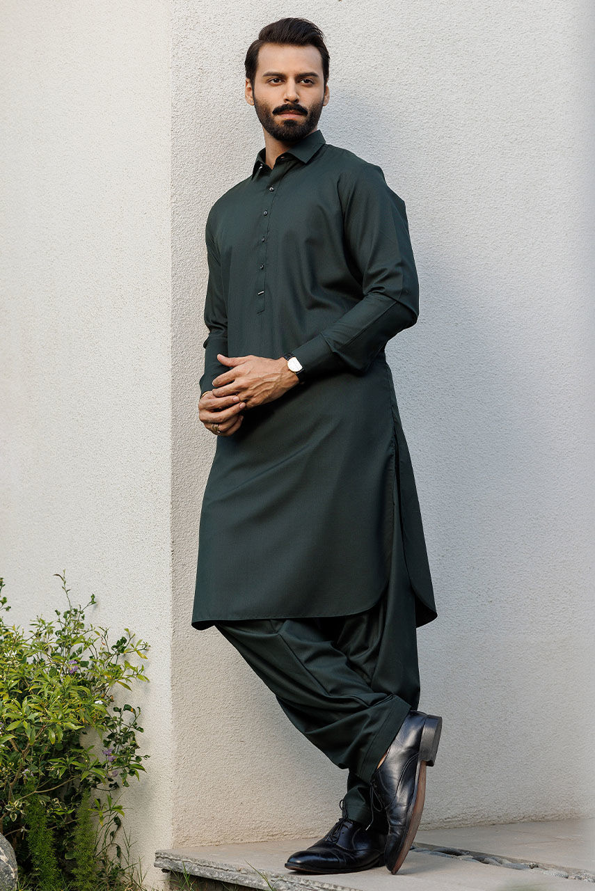 Dark Green Boski Linen Kurta Shalwar (2-Piece) - Image 3