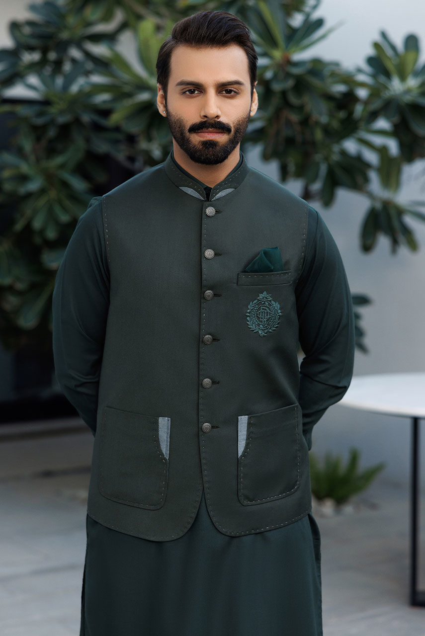 Dark Green Boski Linen Kurta Shalwar (2-Piece) - Image 4