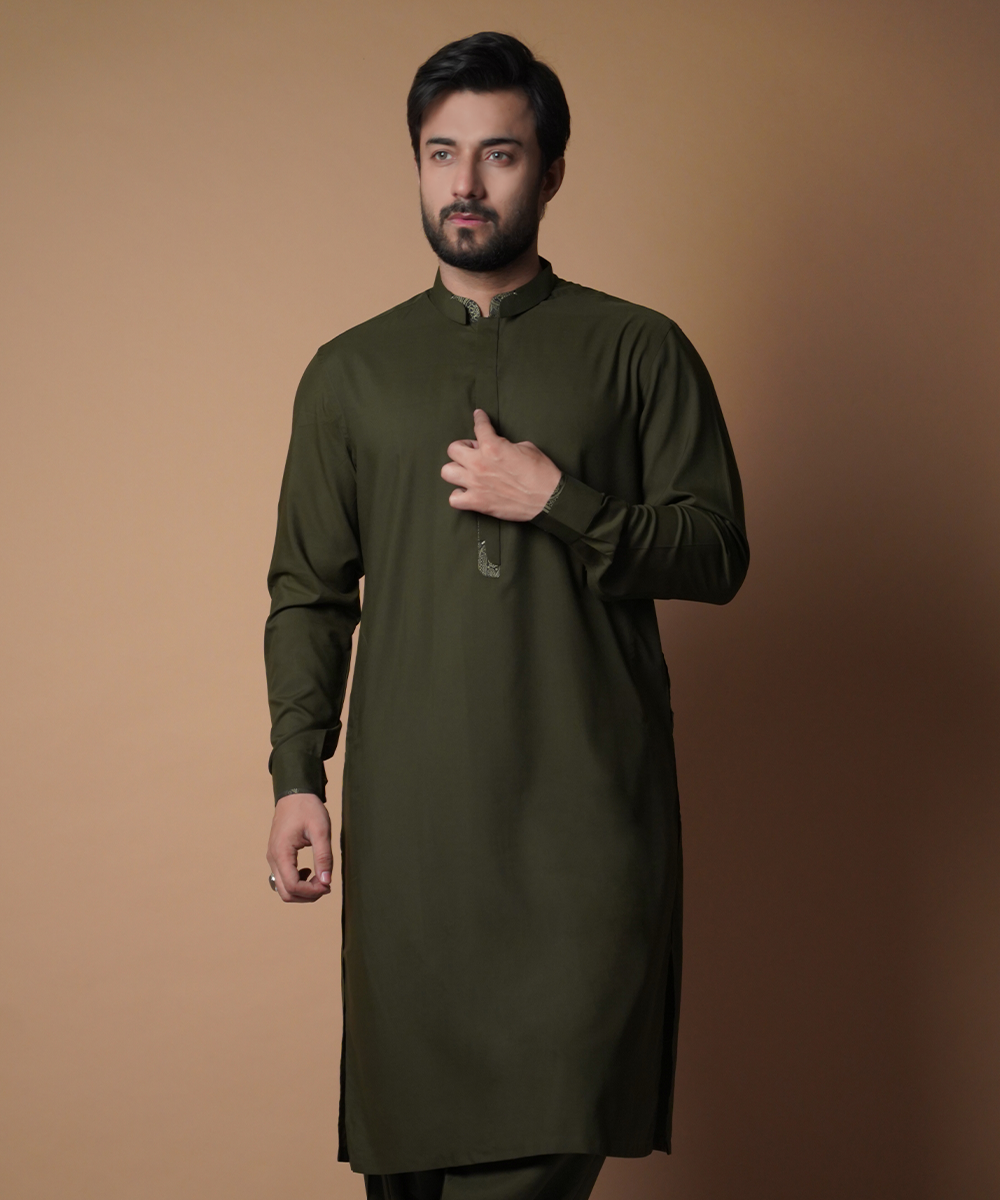 Forest Green Jamawar-Trim Cotton-Blend Shalwar Kameez (2-Piece) - Image 1