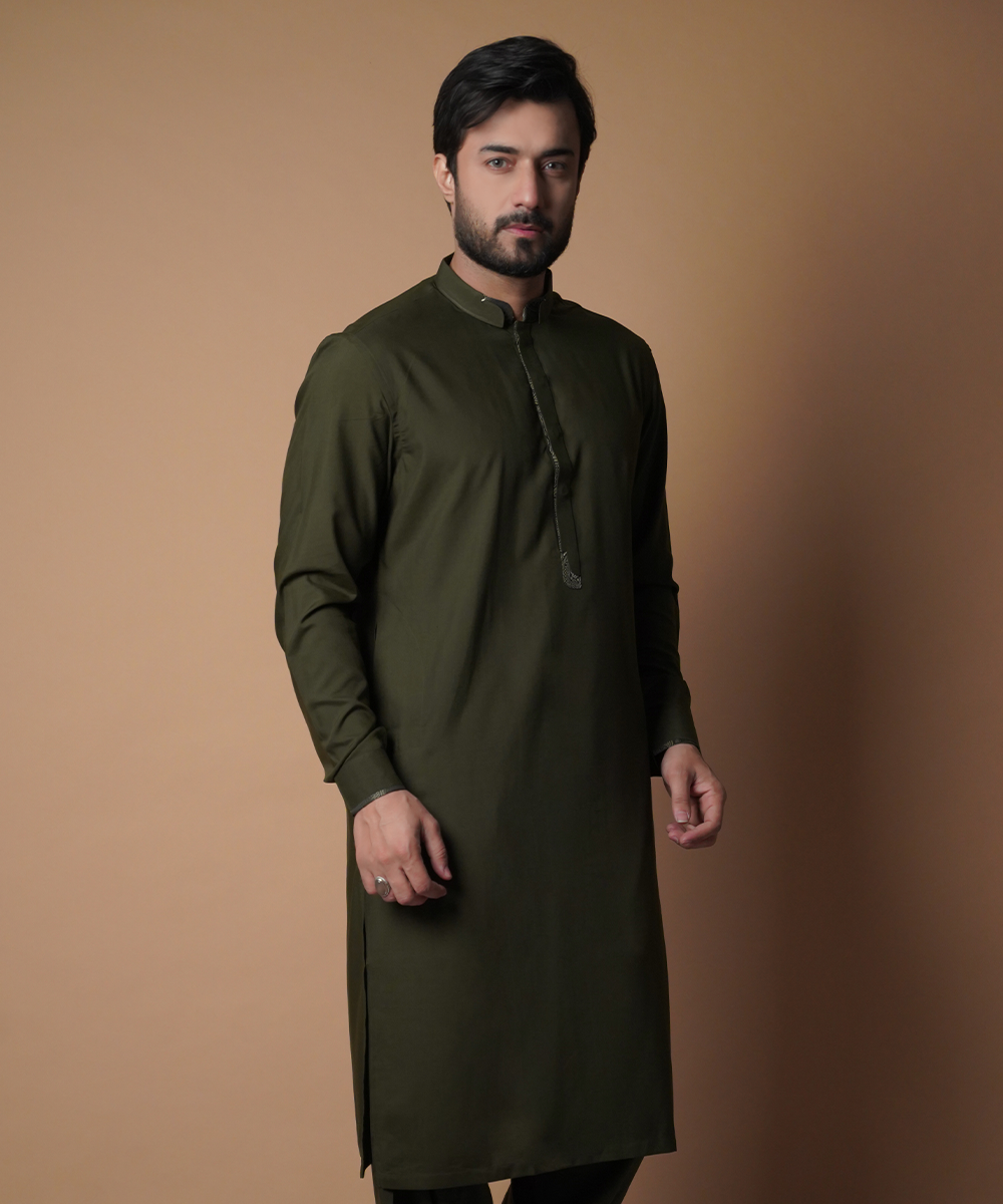 Forest Green Jamawar-Trim Cotton-Blend Shalwar Kameez (2-Piece) - Image 2