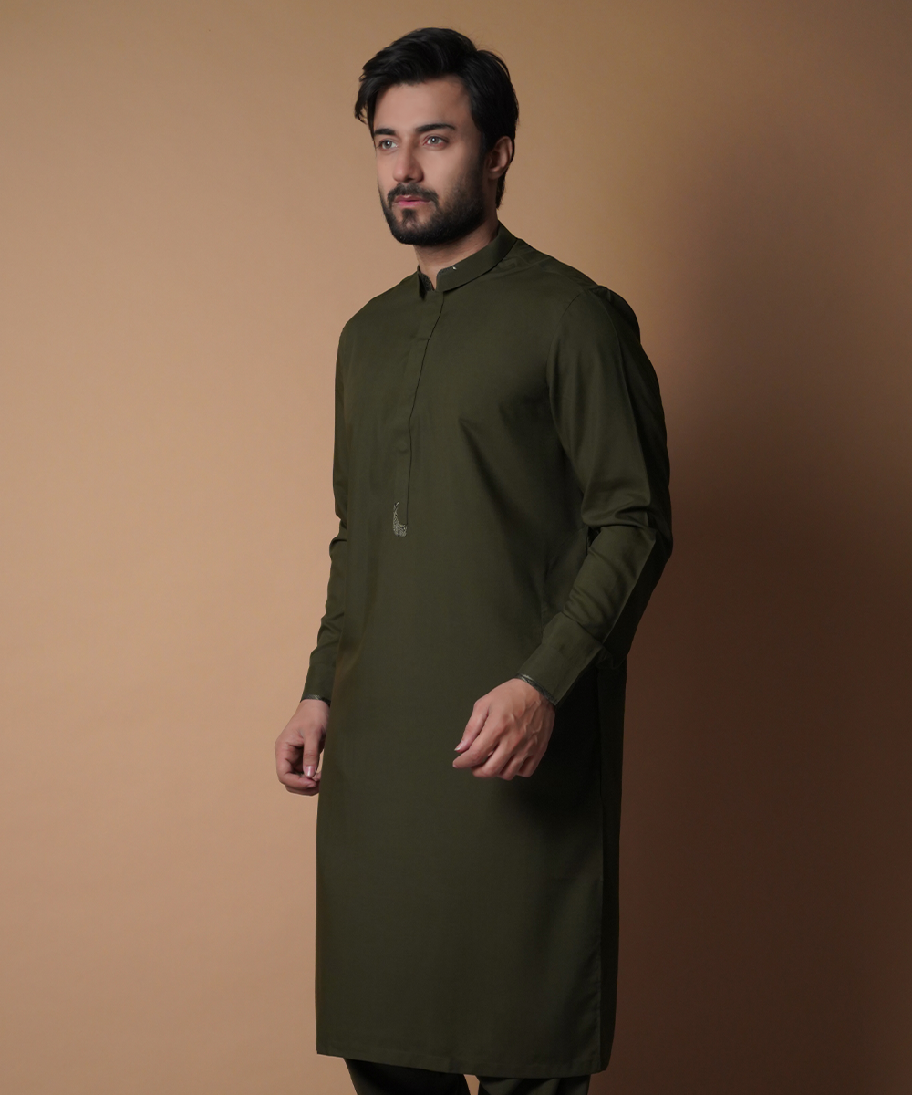 Forest Green Jamawar-Trim Cotton-Blend Shalwar Kameez (2-Piece) - Image 3