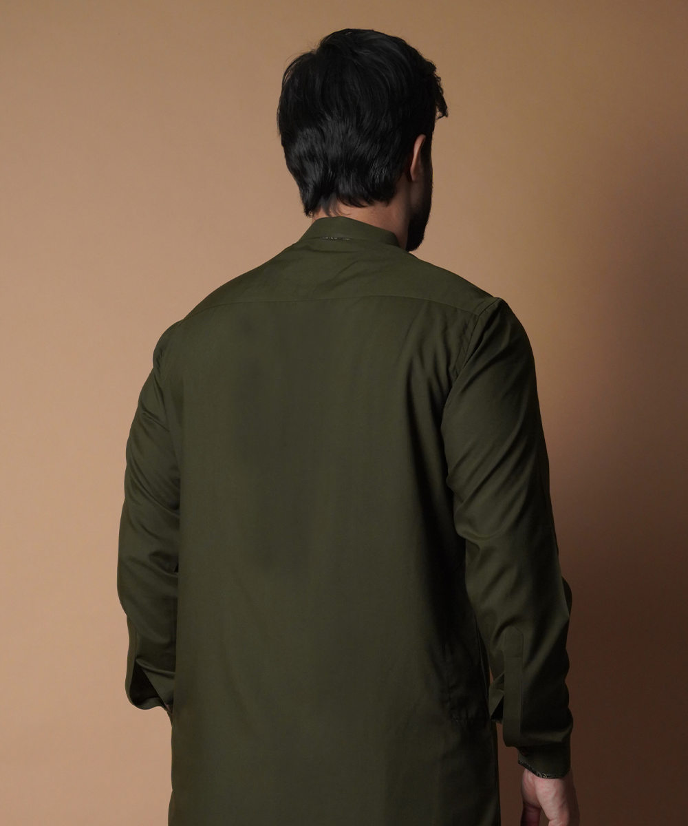 Forest Green Jamawar-Trim Cotton-Blend Shalwar Kameez (2-Piece) - Image 5