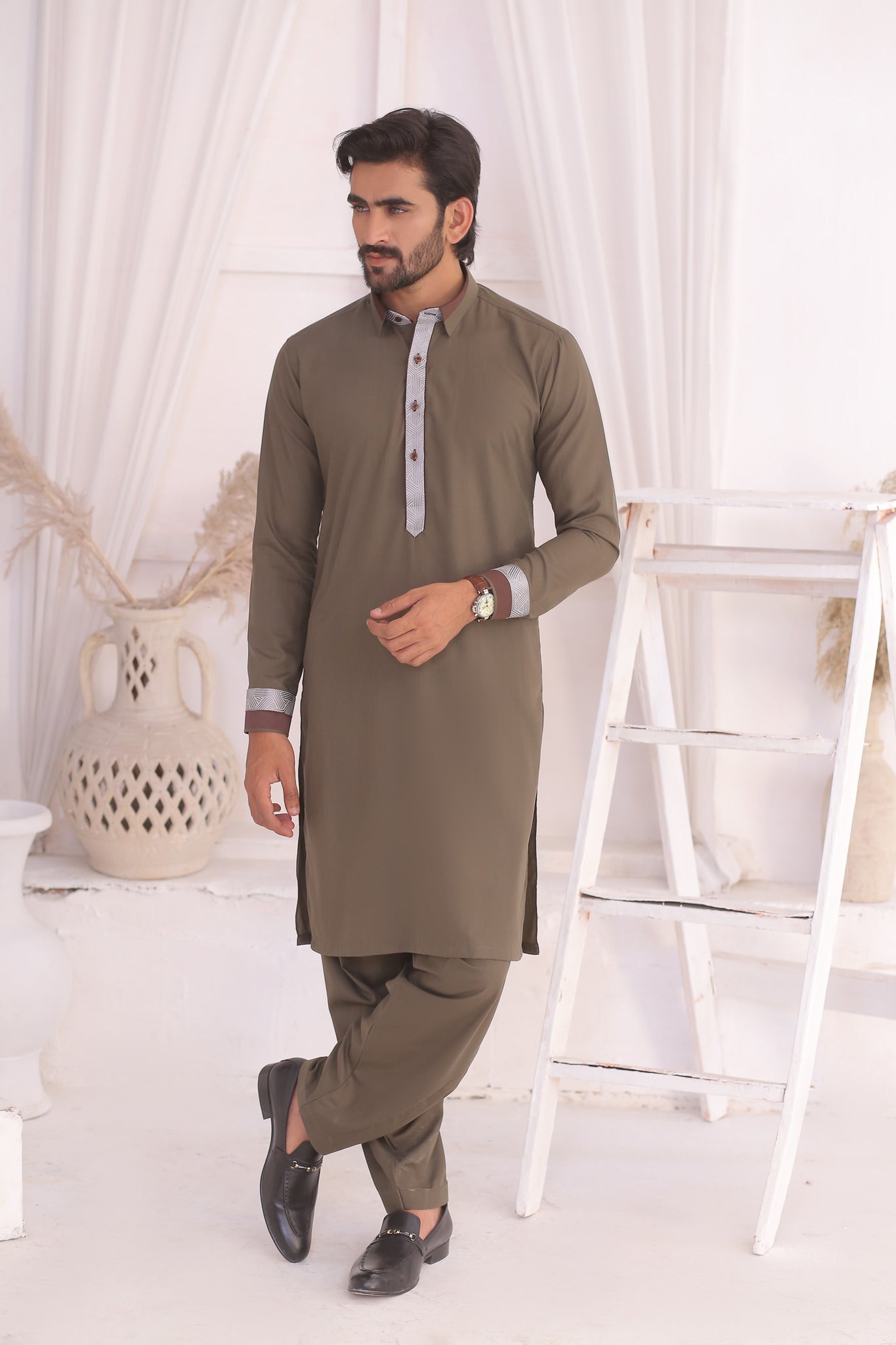 Olive Green Cotton Blend Shalwar Kameez (2-Piece) - Image 1