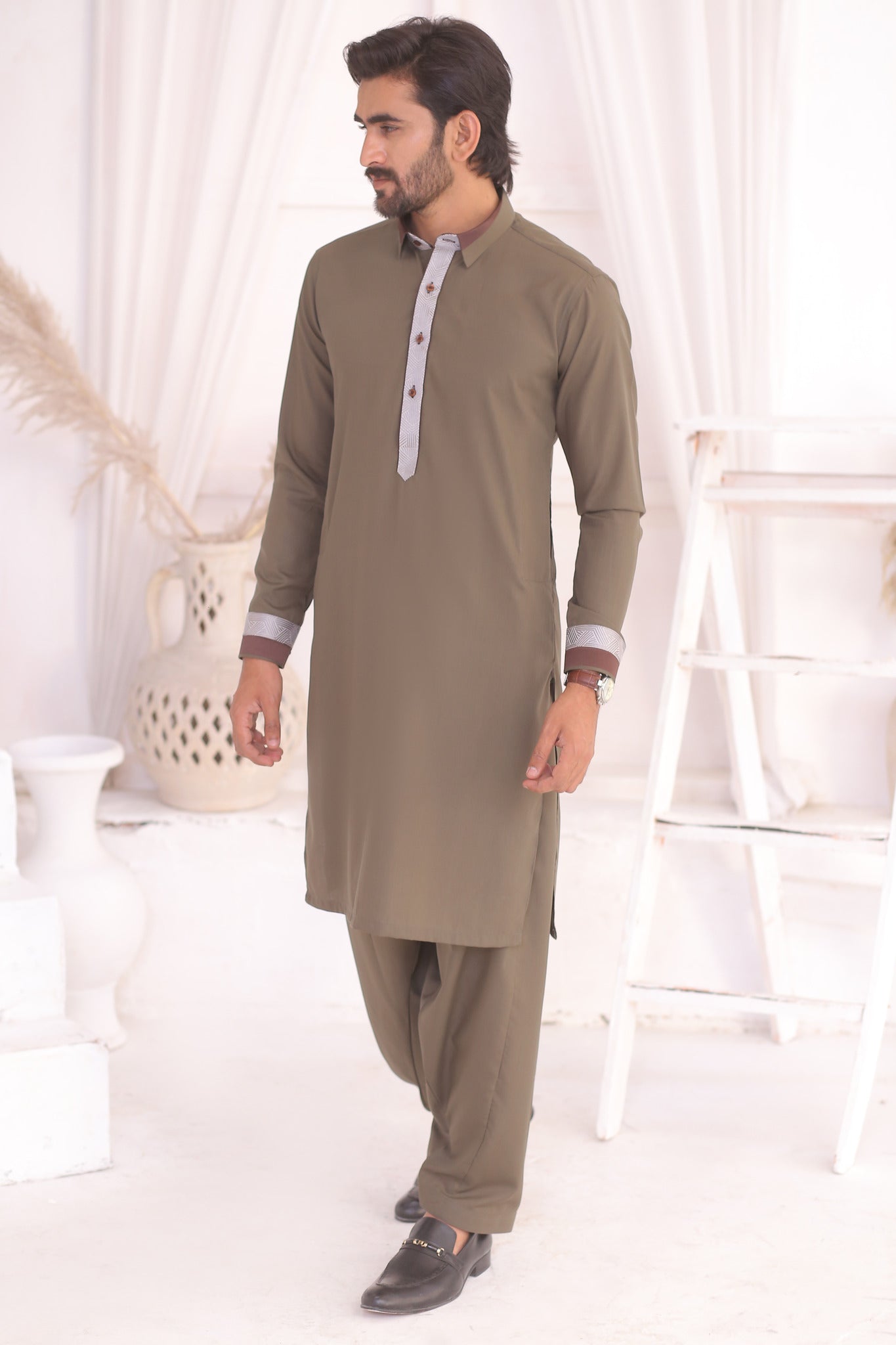 Olive Green Cotton Blend Shalwar Kameez (2-Piece) - Image 2