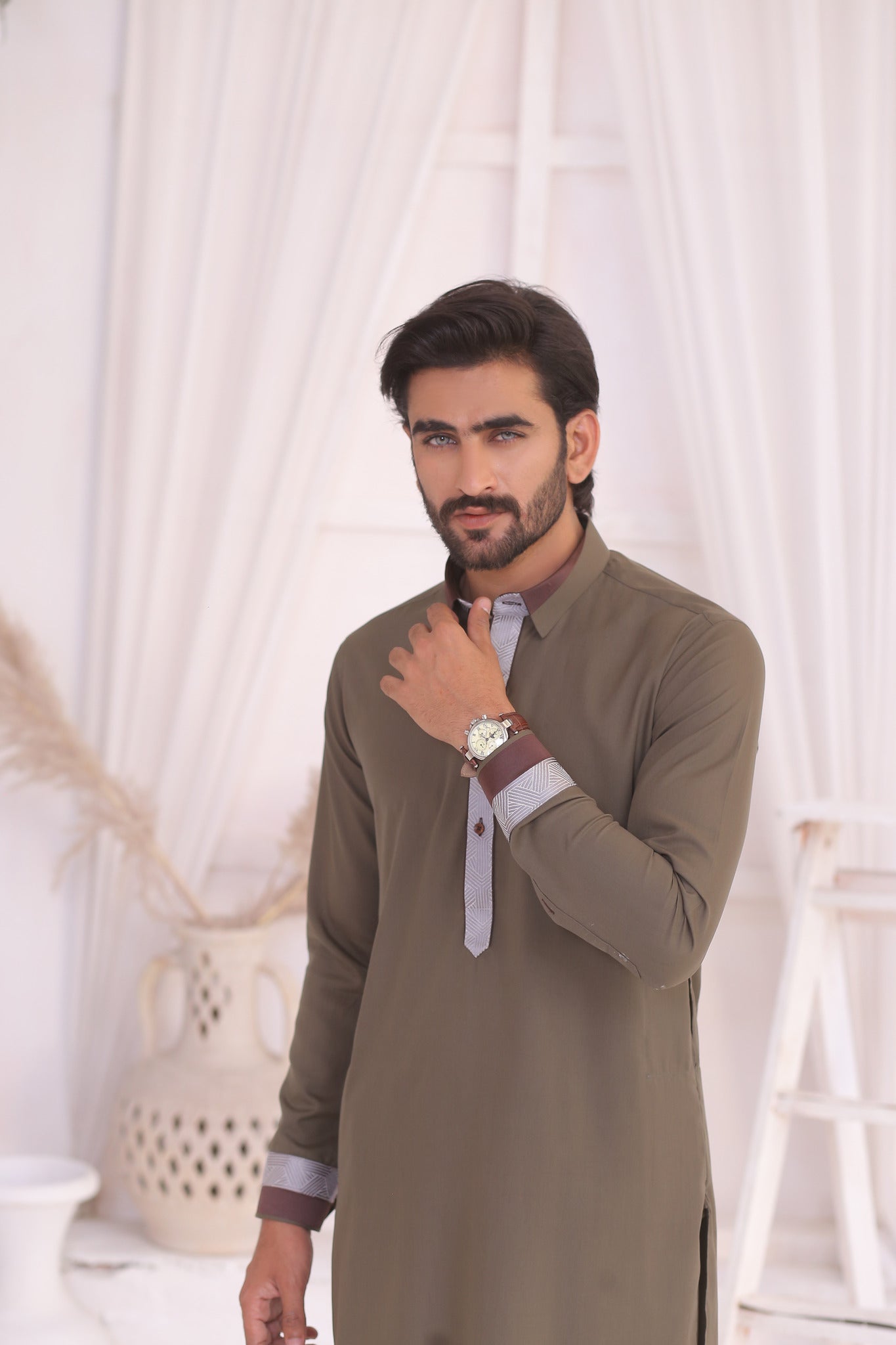 Olive Green Cotton Blend Shalwar Kameez (2-Piece) - Image 3