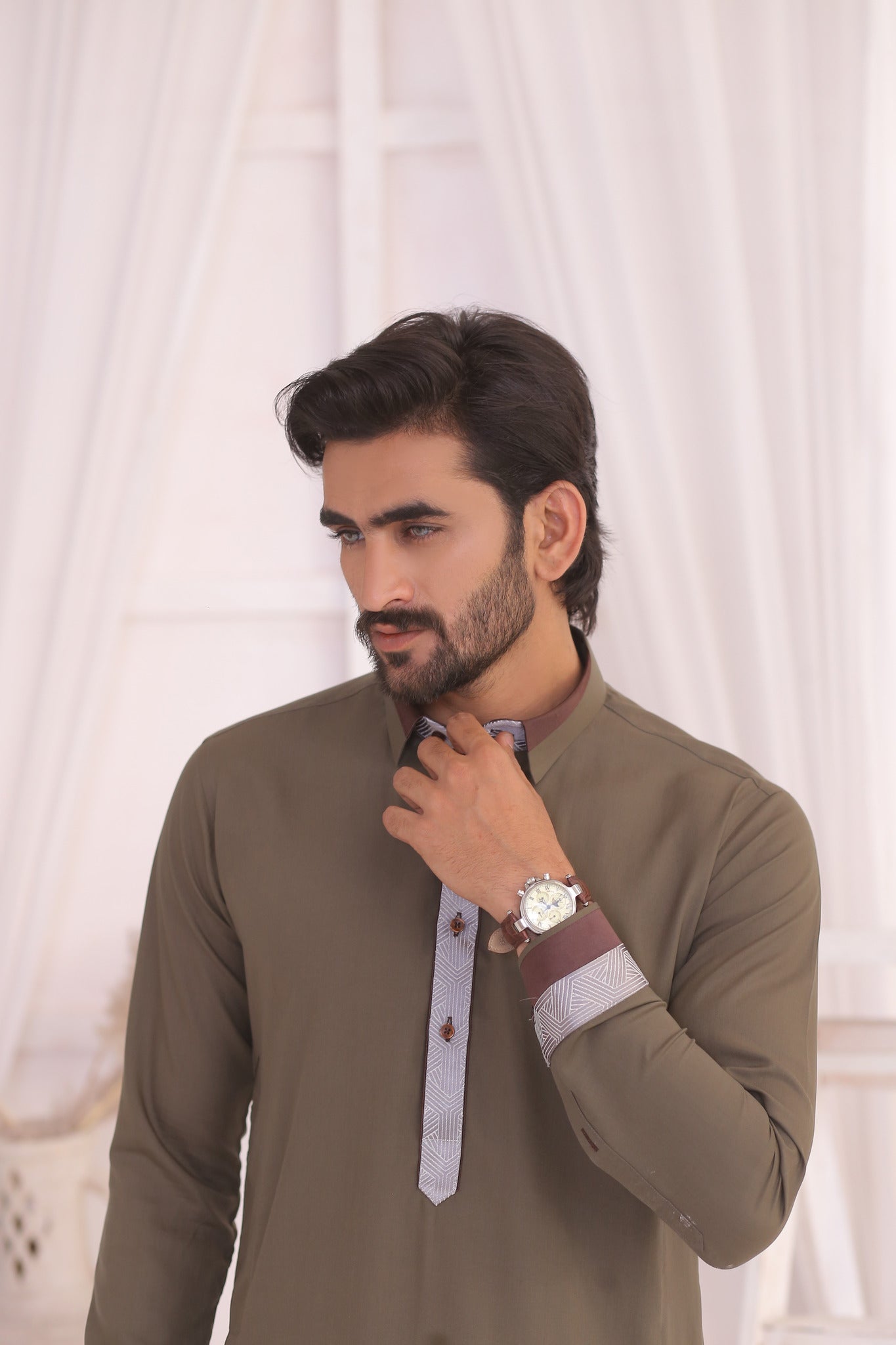 Olive Green Cotton Blend Shalwar Kameez (2-Piece) - Image 5