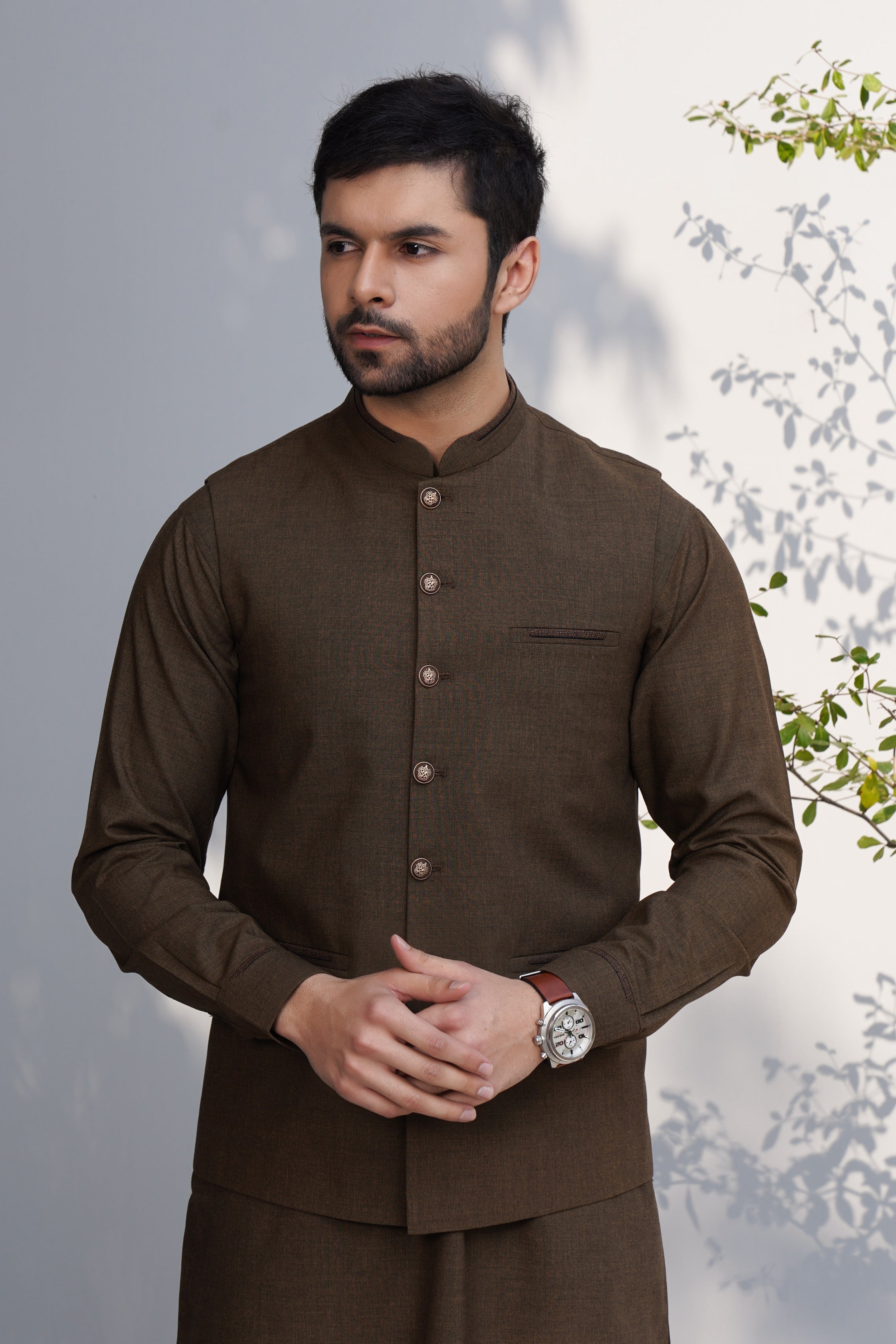 Army Green Textured Cotton Blend Shalwar Kameez (2-Piece) - Image 1