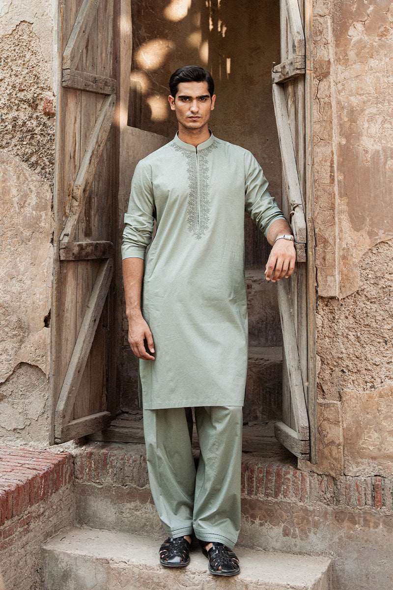 Mint Green Dori Embroidered Cotton Kurta Shalwar (2-Piece) - Image 1