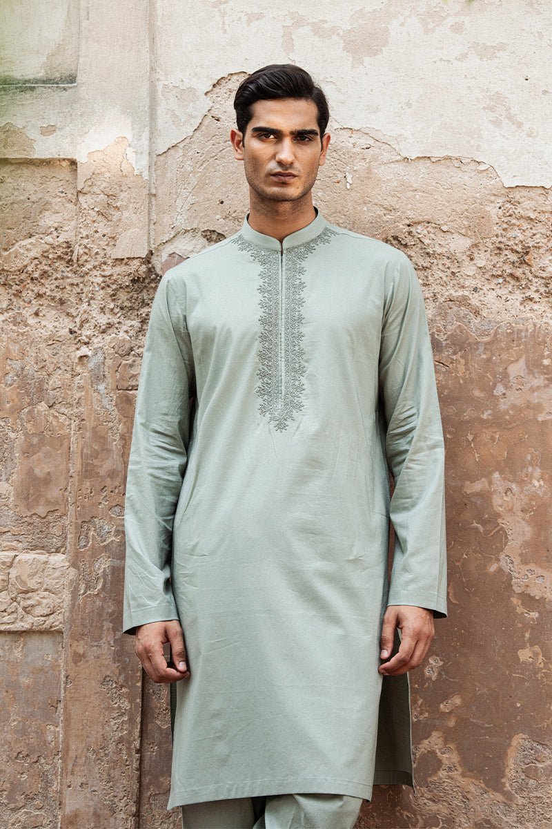 Mint Green Dori Embroidered Cotton Kurta Shalwar (2-Piece) - Image 2