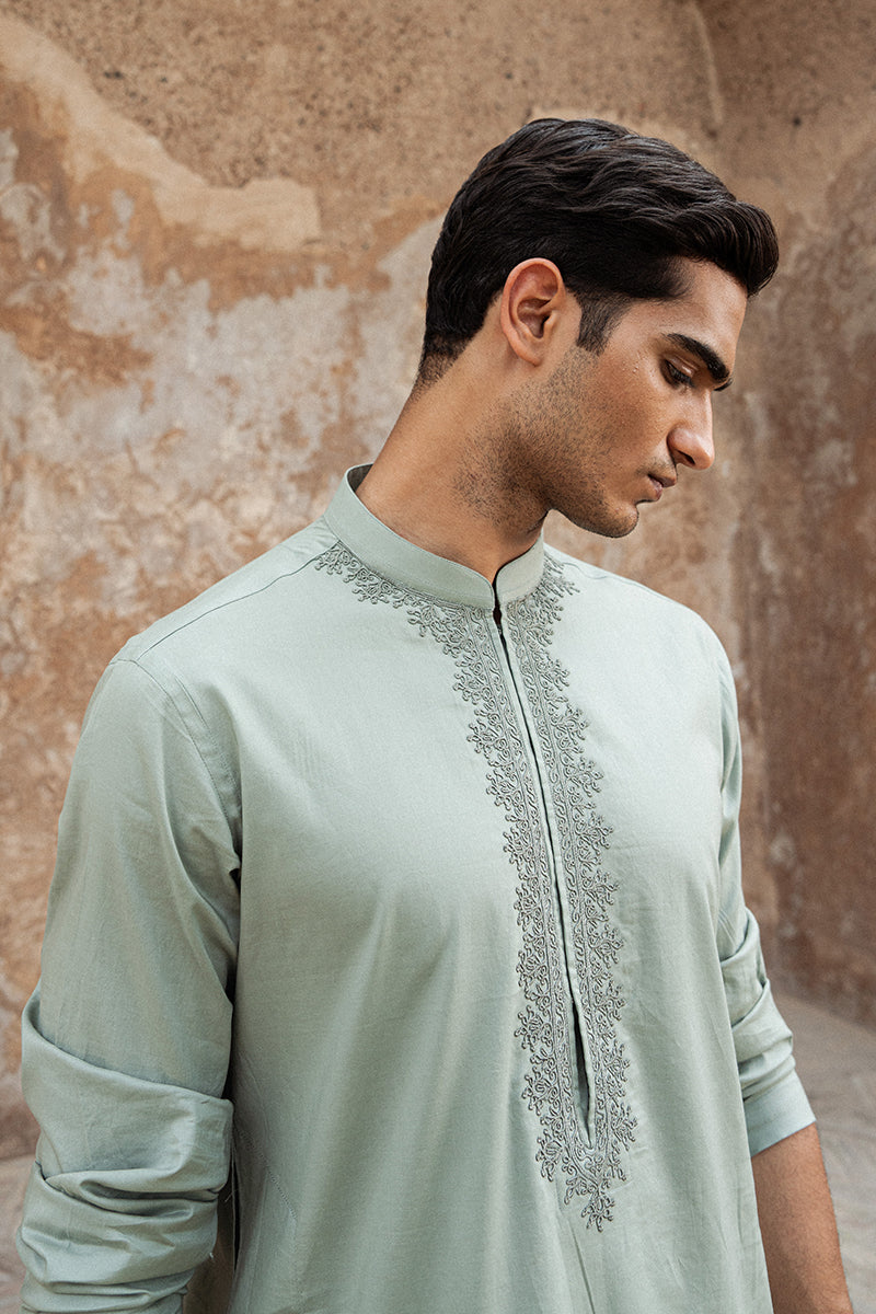 Mint Green Dori Embroidered Cotton Kurta Shalwar (2-Piece) - Image 3