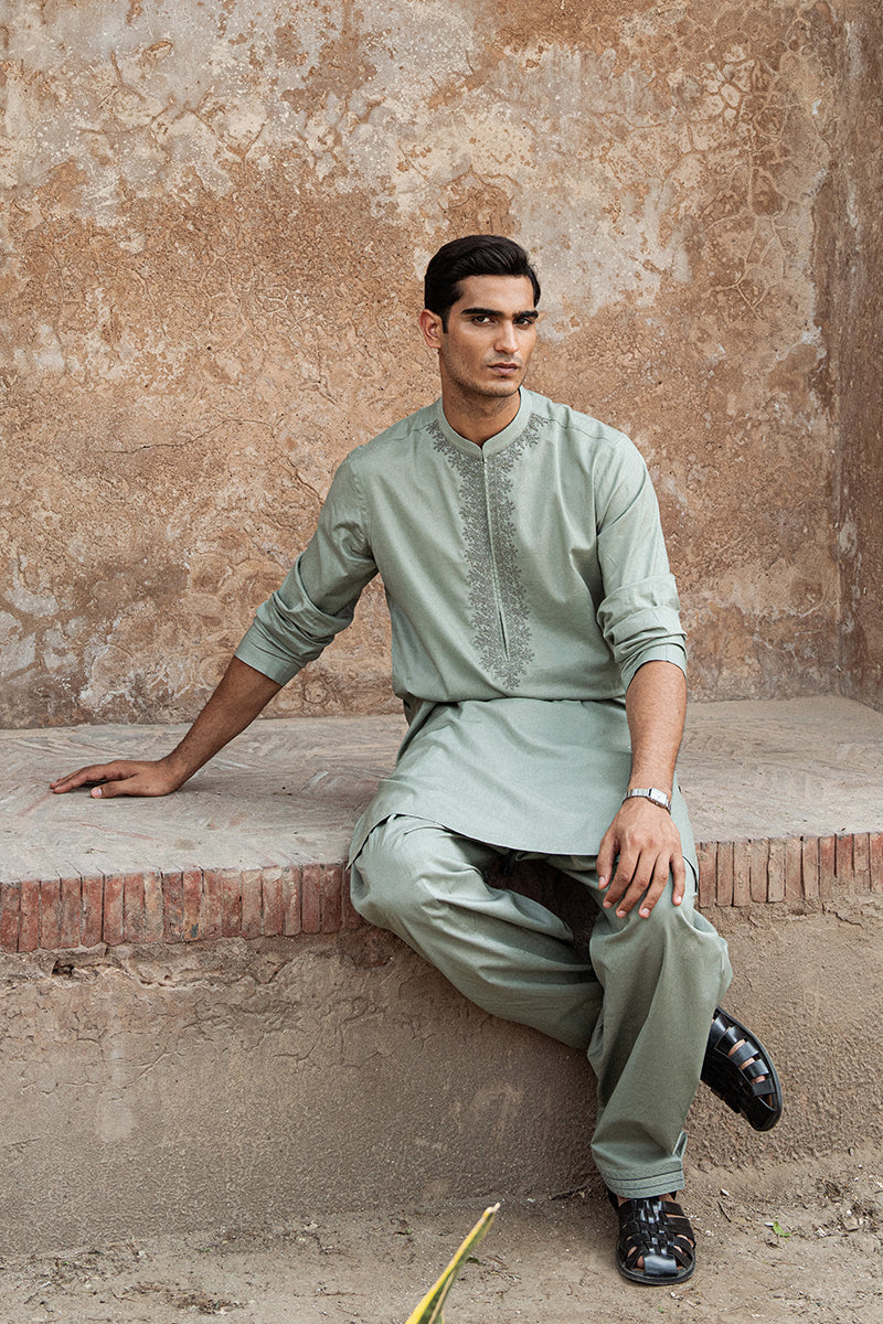 Mint Green Dori Embroidered Cotton Kurta Shalwar (2-Piece) - Image 5