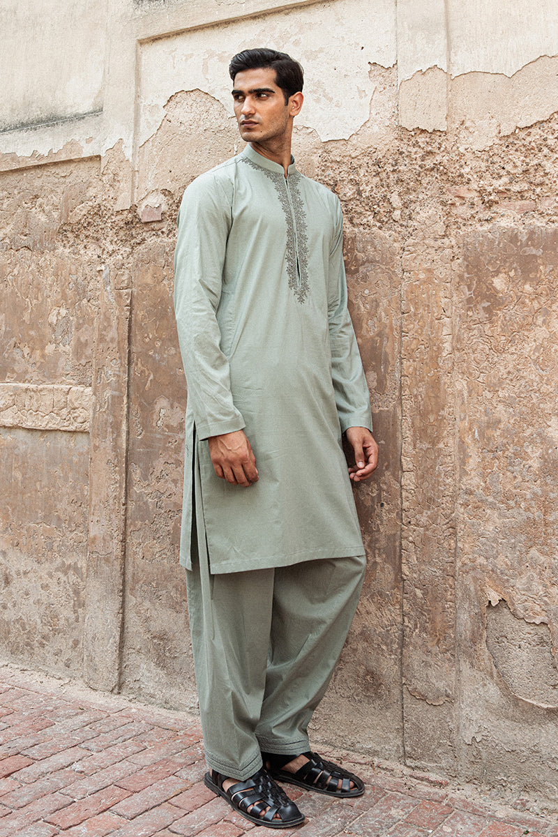 Mint Green Dori Embroidered Cotton Kurta Shalwar (2-Piece) - Image 6