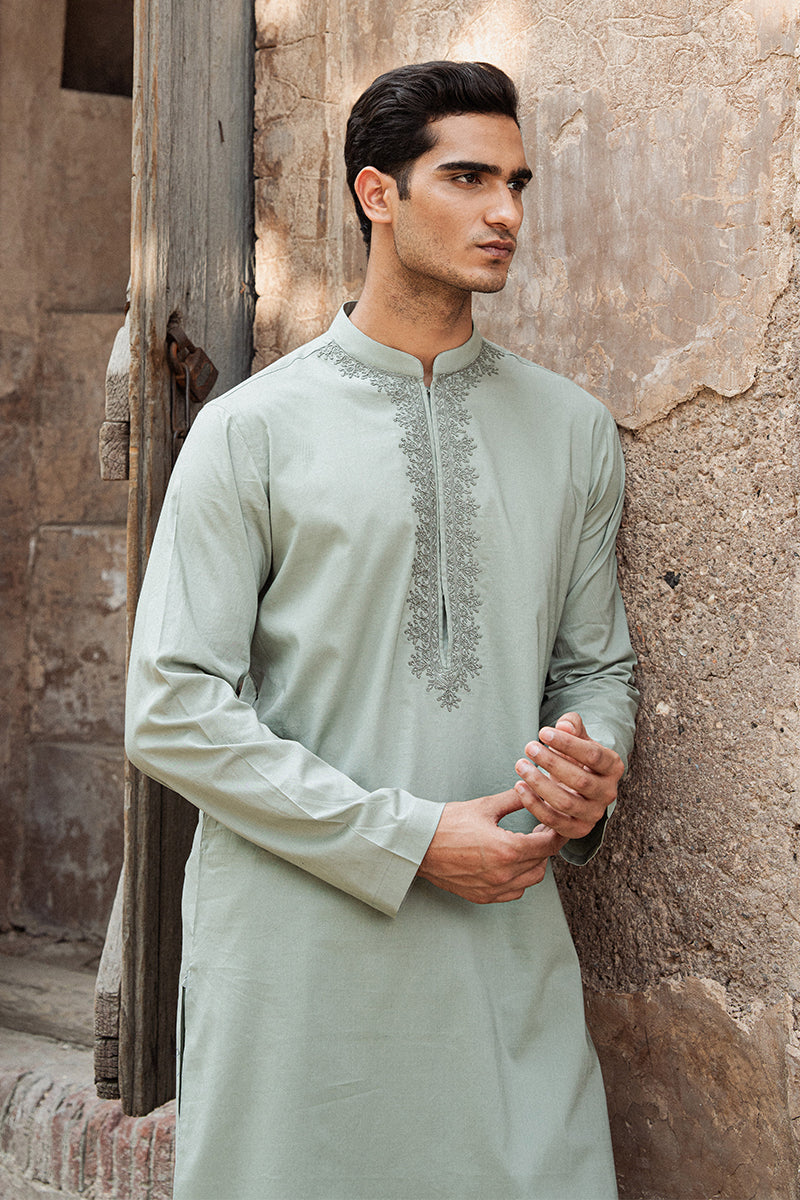 Mint Green Dori Embroidered Cotton Kurta Shalwar (2-Piece) - Image 7