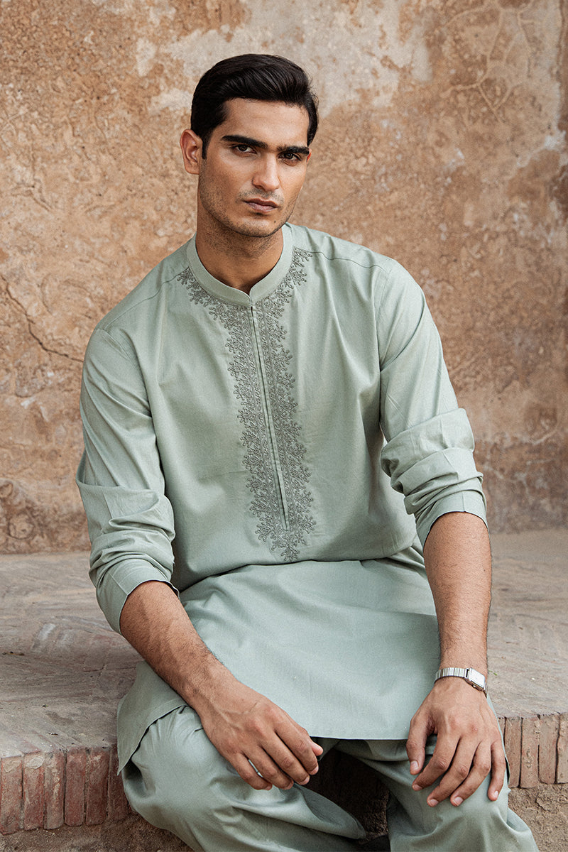 Mint Green Dori Embroidered Cotton Kurta Shalwar (2-Piece) - Image 8