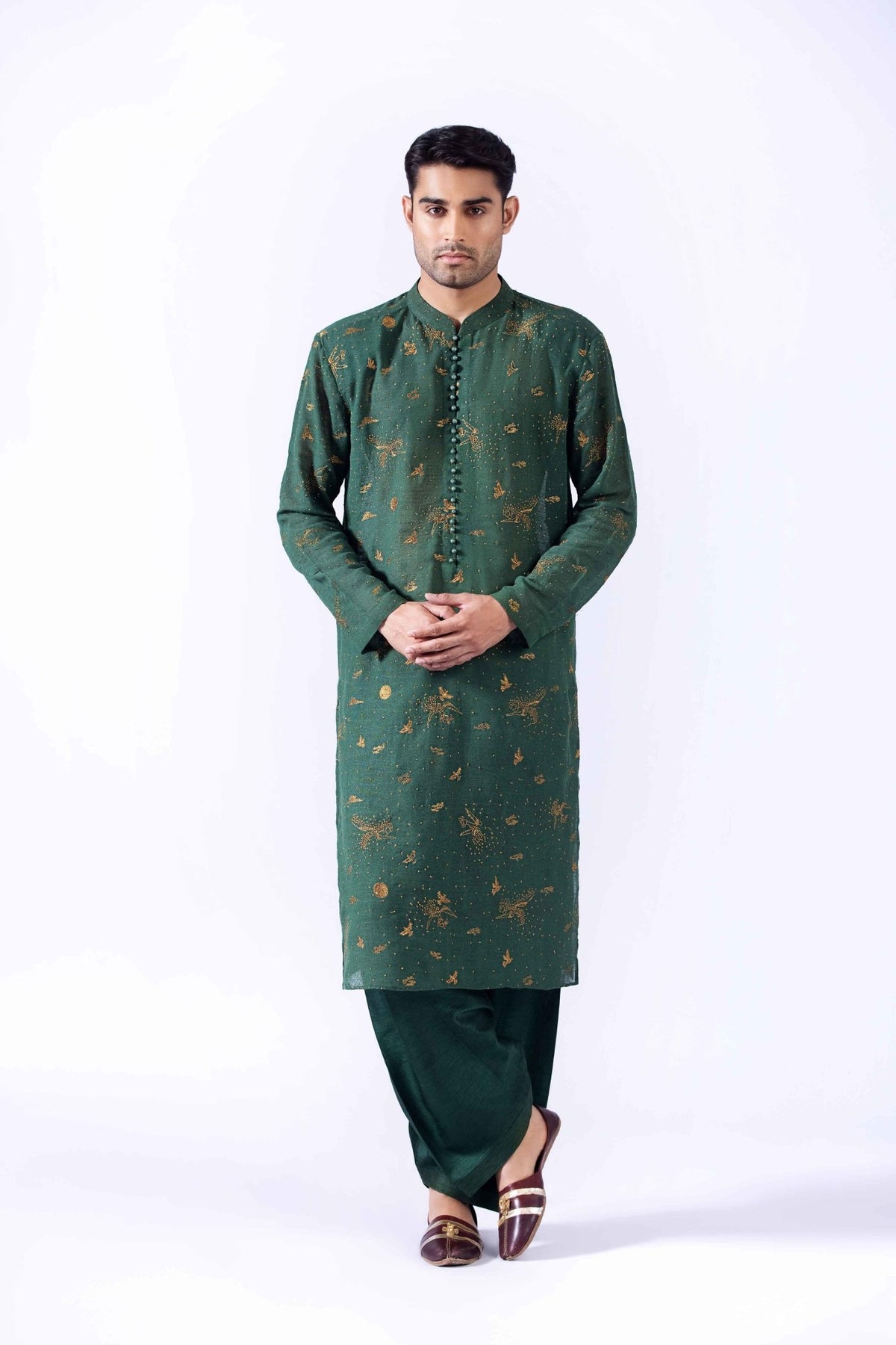 Deep Green Embroidered Cotton Karandi Kurta (3-Piece) - Image 1