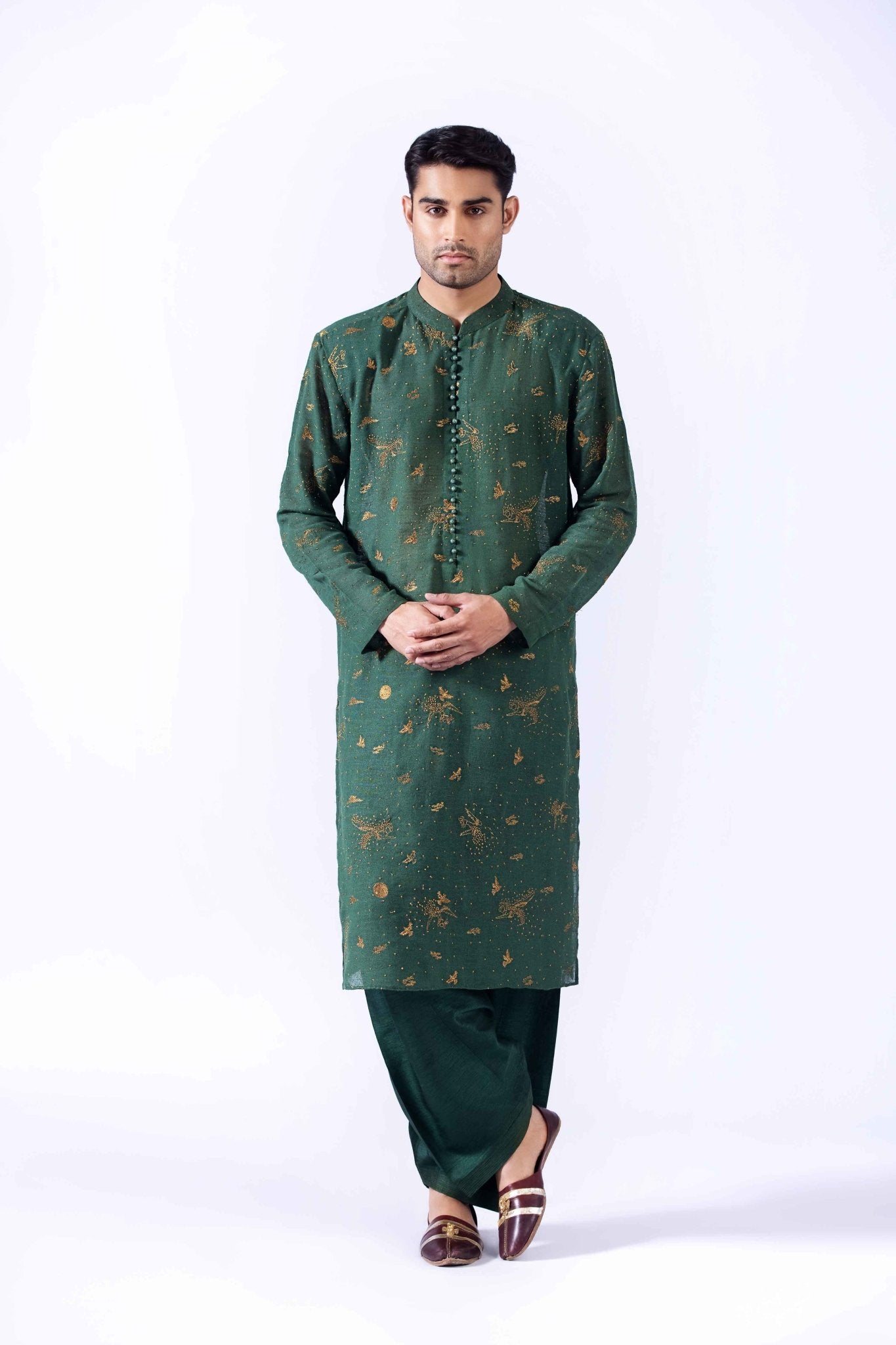Deep Green Embroidered Cotton Karandi Kurta (3-Piece) - Image 2