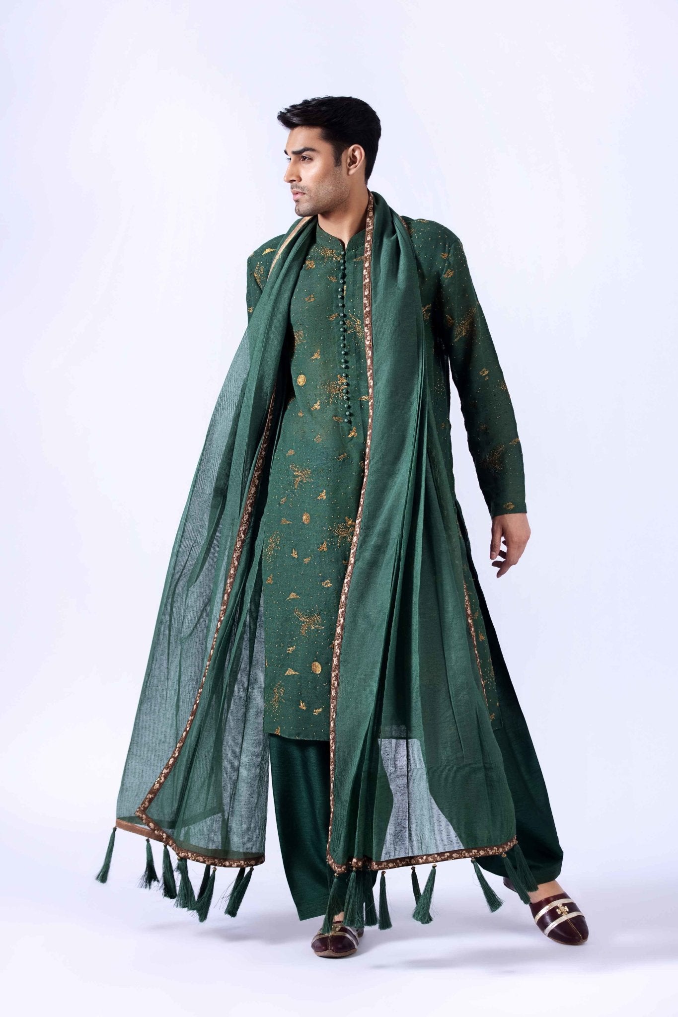 Deep Green Embroidered Cotton Karandi Kurta (3-Piece) - Image 3