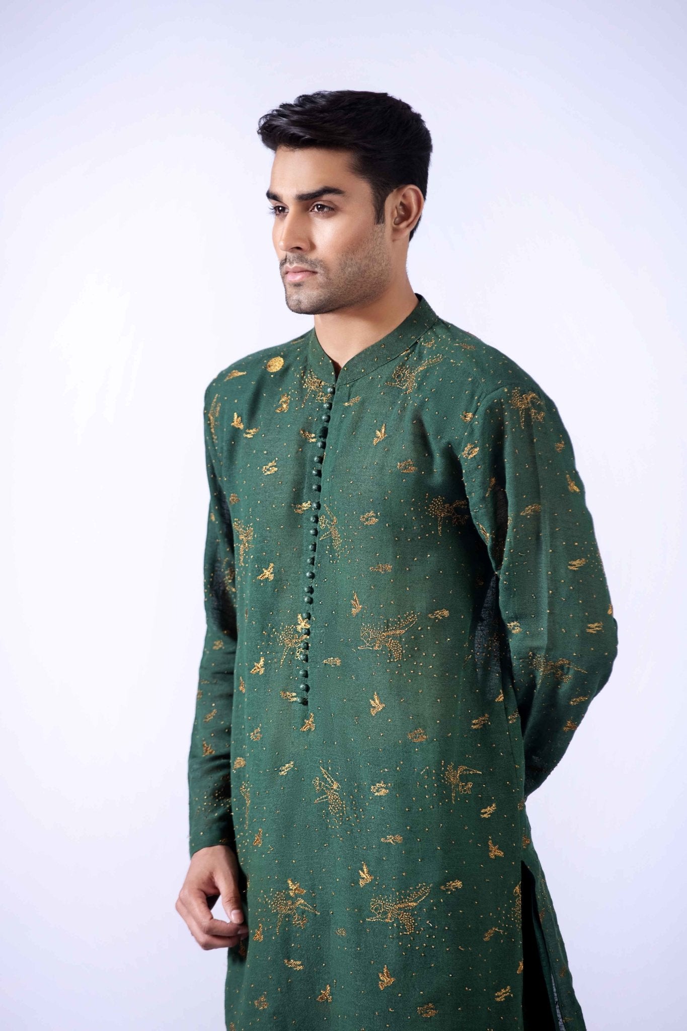 Deep Green Embroidered Cotton Karandi Kurta (3-Piece) - Image 4