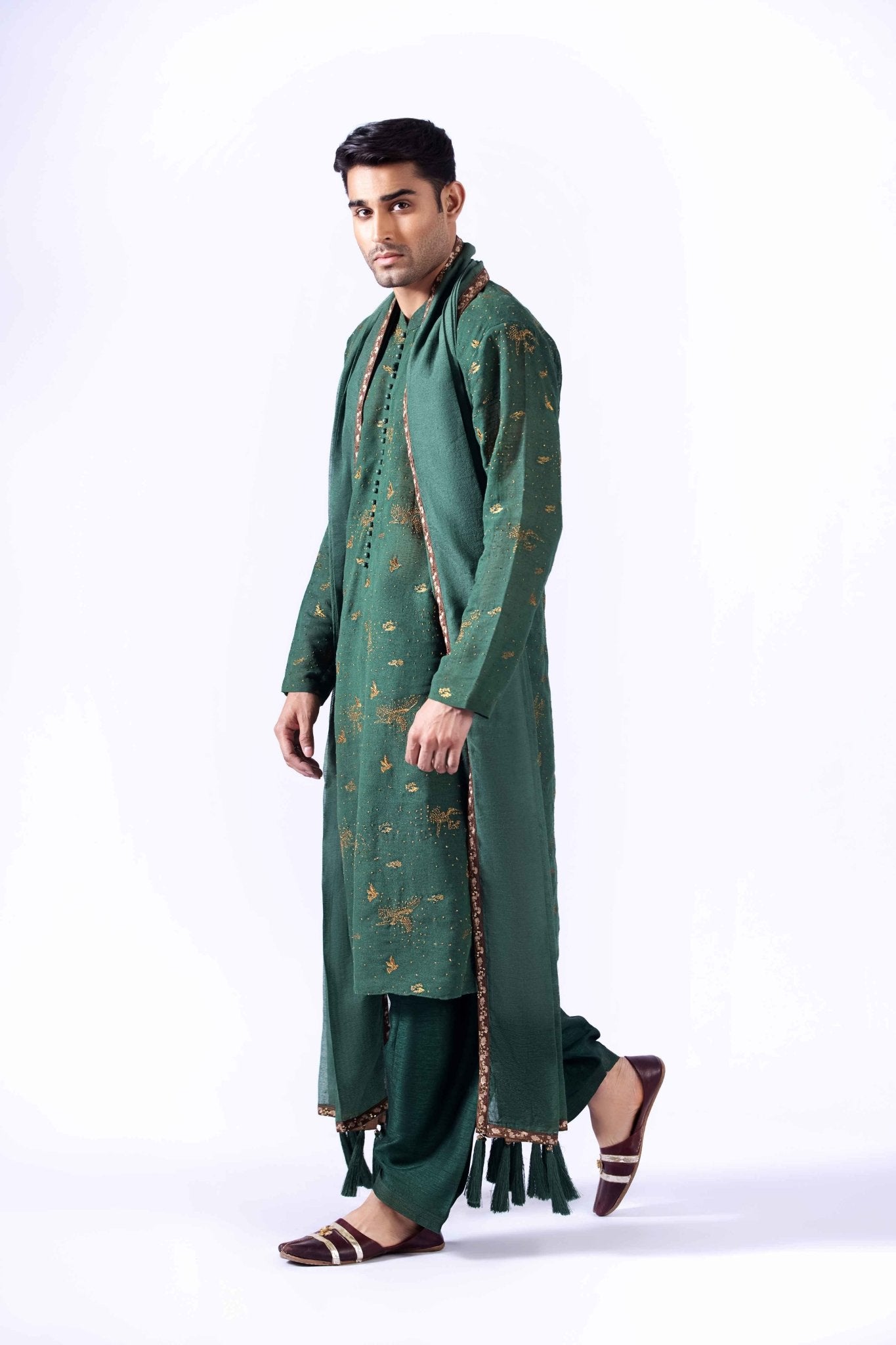 Deep Green Embroidered Cotton Karandi Kurta (3-Piece) - Image 5