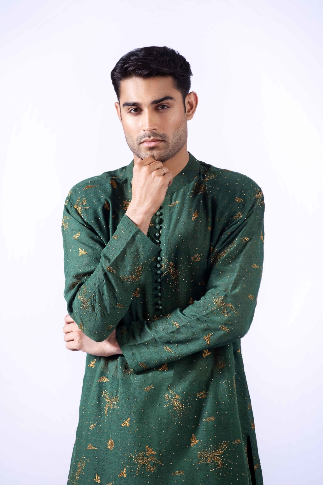 Deep Green Embroidered Cotton Karandi Kurta (3-Piece) - Image 6