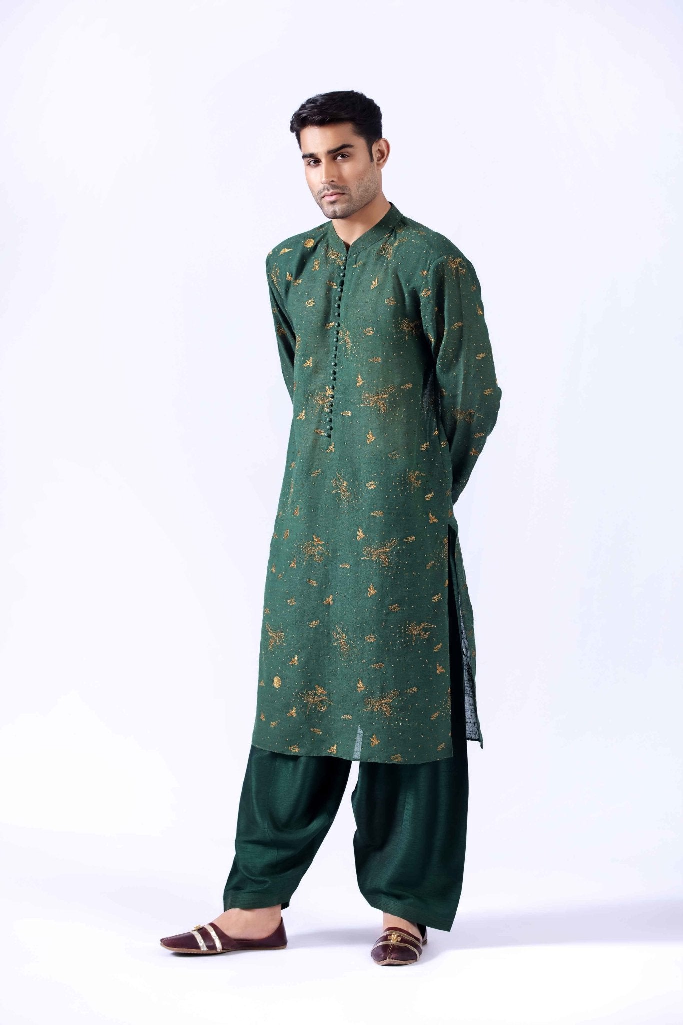 Deep Green Embroidered Cotton Karandi Kurta (3-Piece) - Image 7