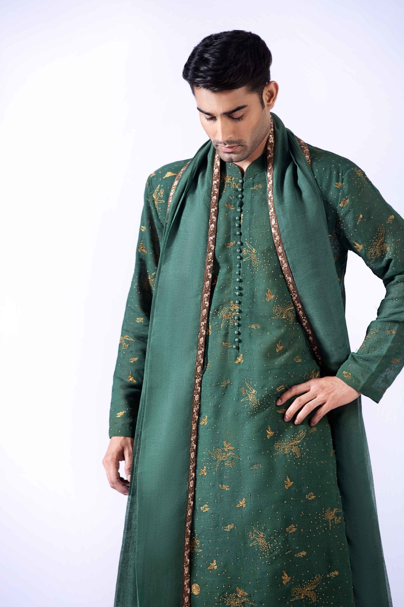 Deep Green Embroidered Cotton Karandi Kurta (3-Piece) - Image 8