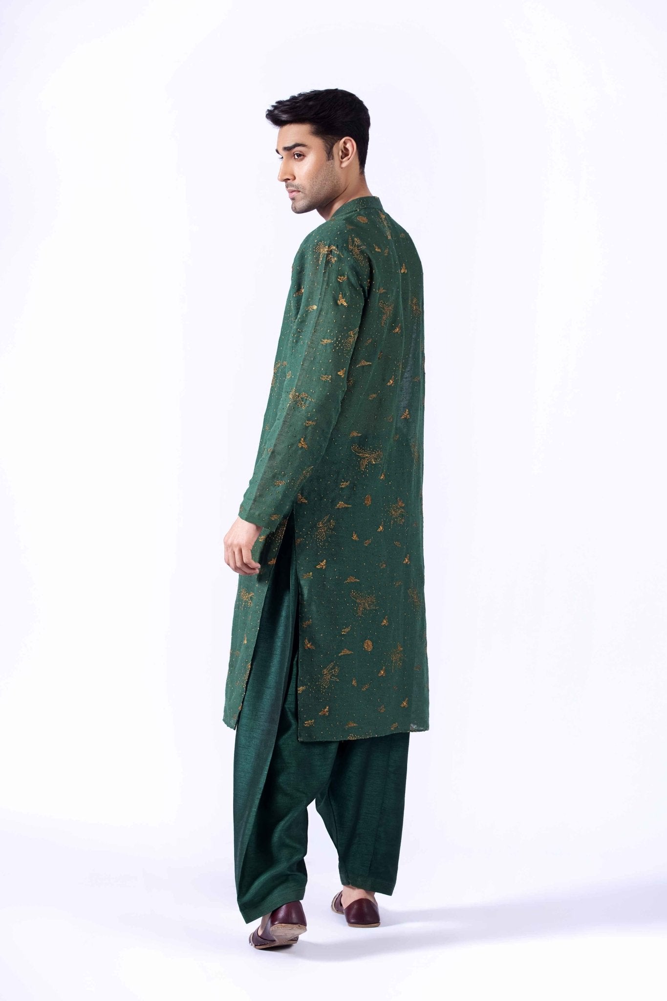 Deep Green Embroidered Cotton Karandi Kurta (3-Piece) - Image 9
