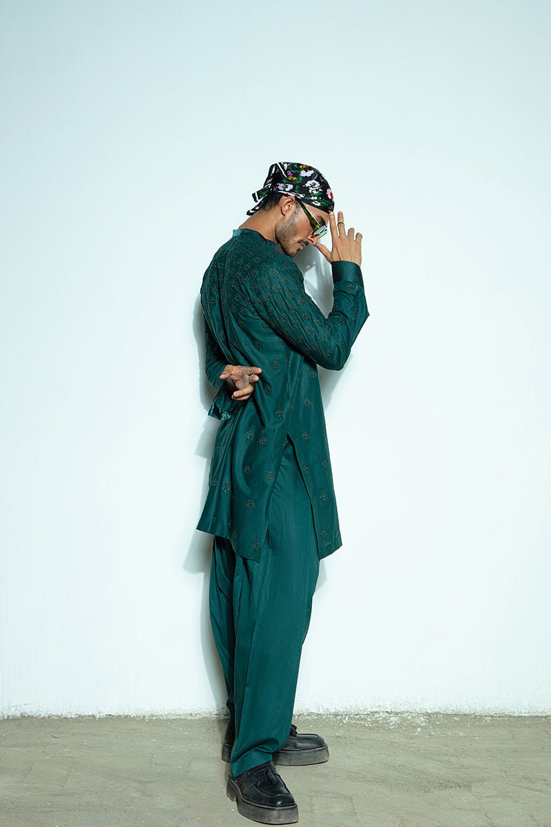 Tropical Green Self-Embroidered Cotton Kurta Shalwar (2-Piece) - Image 10