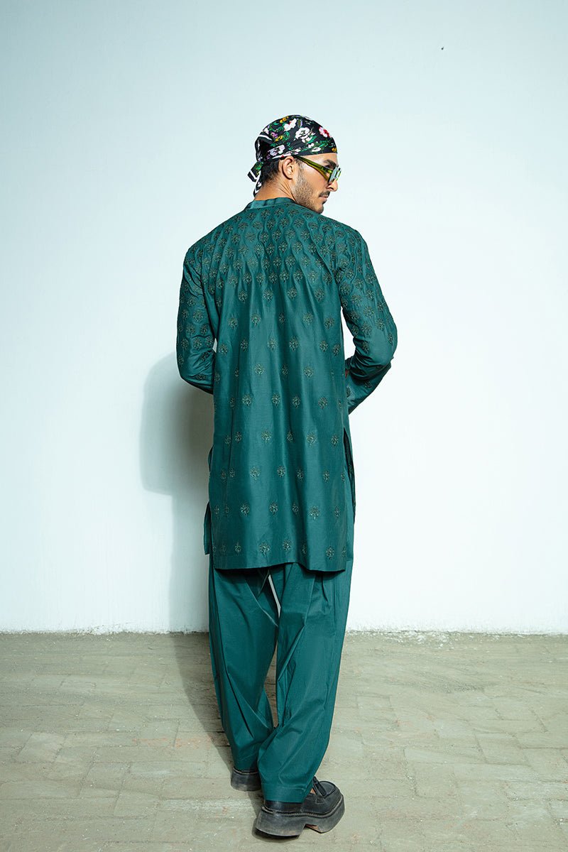 Tropical Green Self-Embroidered Cotton Kurta Shalwar (2-Piece) - Image 11