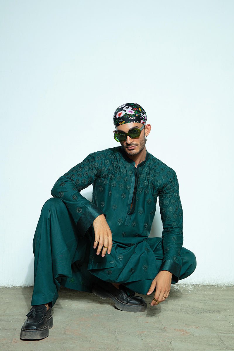 Tropical Green Self-Embroidered Cotton Kurta Shalwar (2-Piece) - Image 12