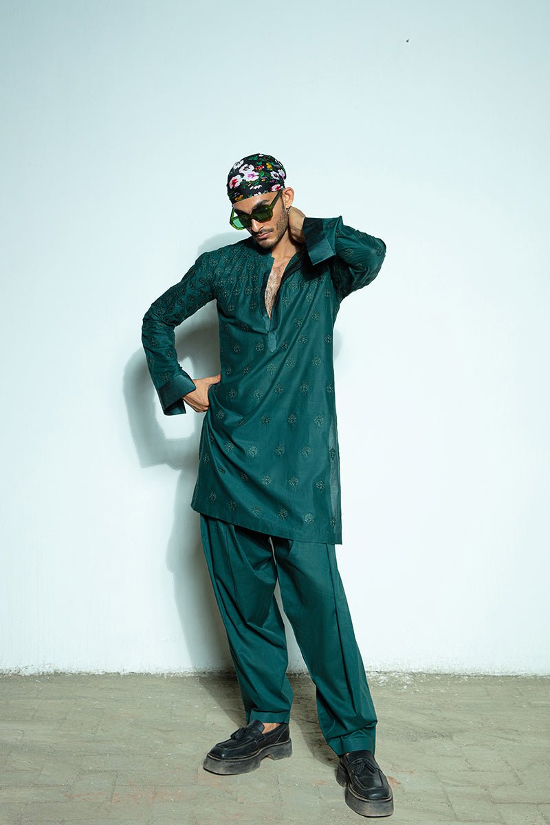 Tropical Green Self-Embroidered Cotton Kurta Shalwar (2-Piece) - Image 13