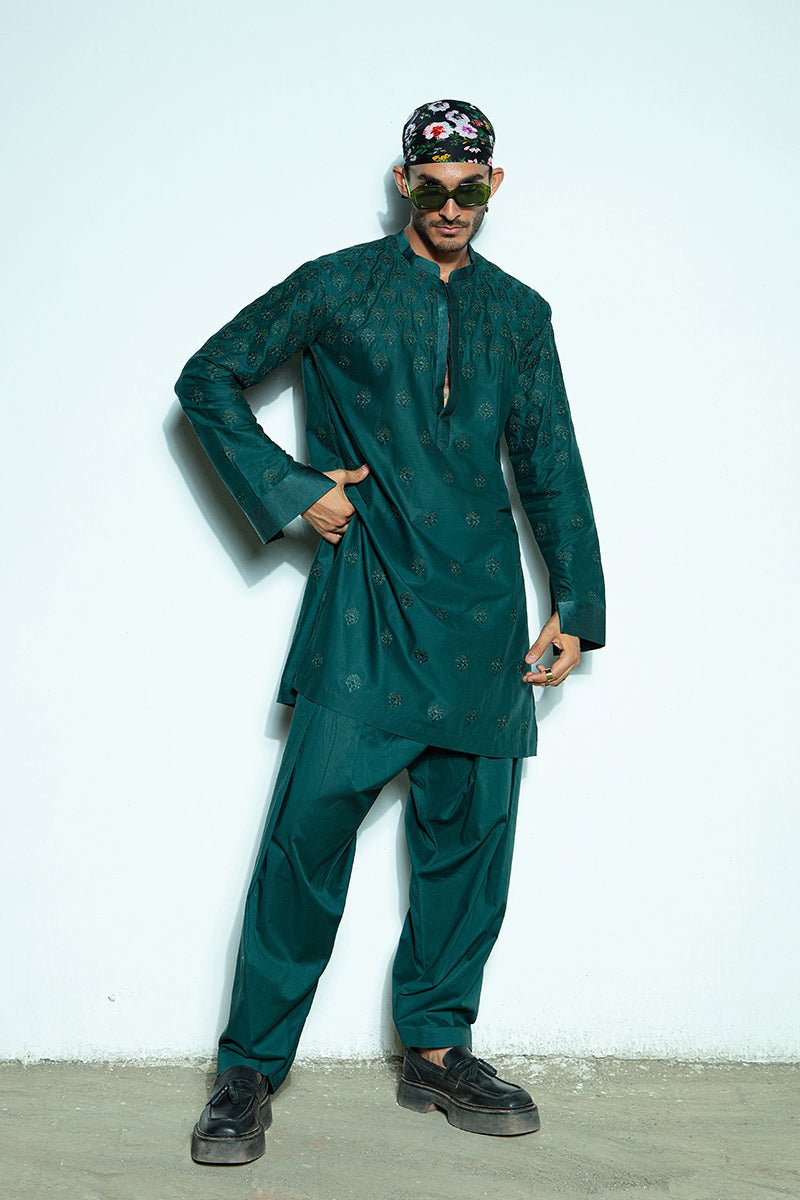 Tropical Green Self-Embroidered Cotton Kurta Shalwar (2-Piece) - Image 2
