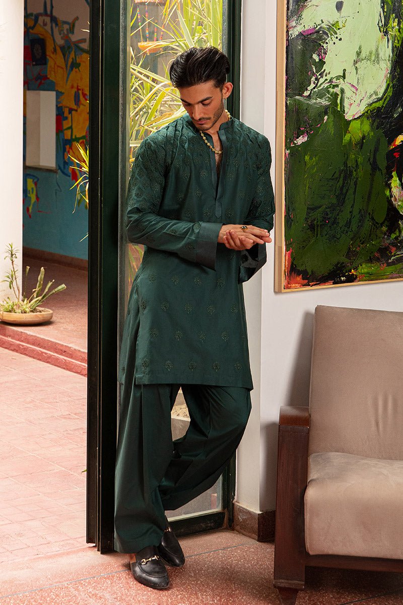 Tropical Green Self-Embroidered Cotton Kurta Shalwar (2-Piece) - Image 4
