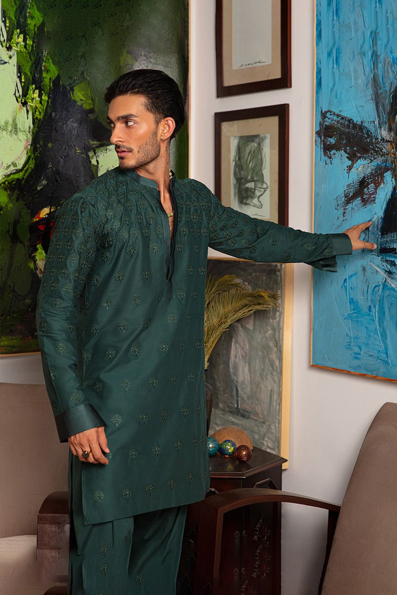 Tropical Green Self-Embroidered Cotton Kurta Shalwar (2-Piece) - Image 5