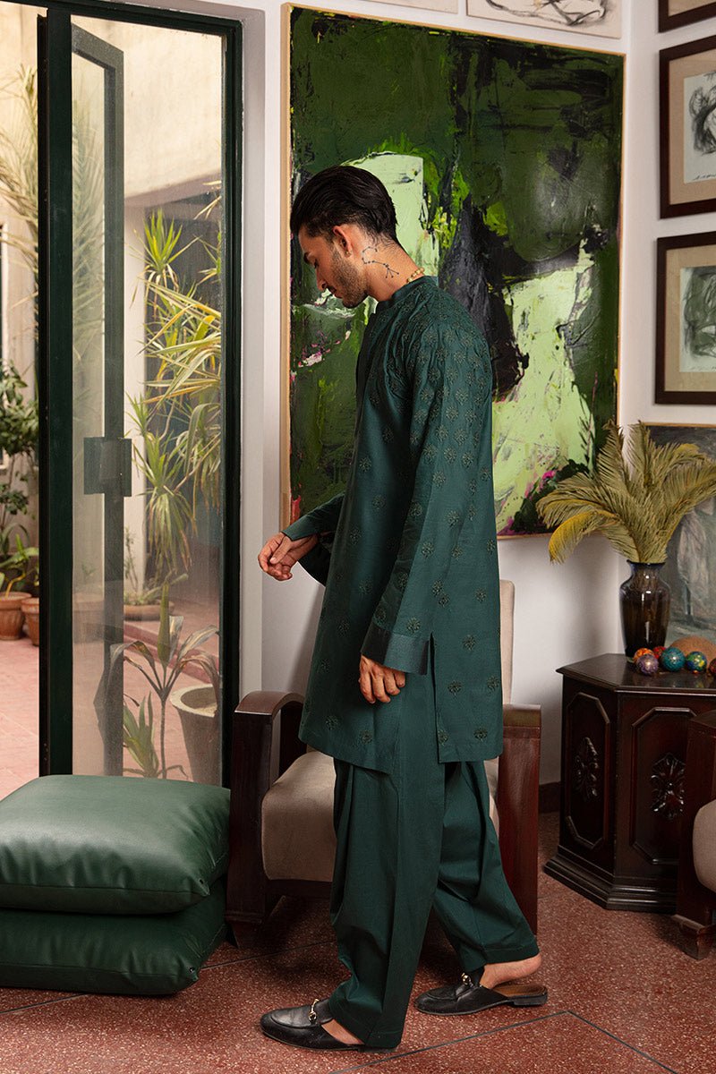 Tropical Green Self-Embroidered Cotton Kurta Shalwar (2-Piece) - Image 6