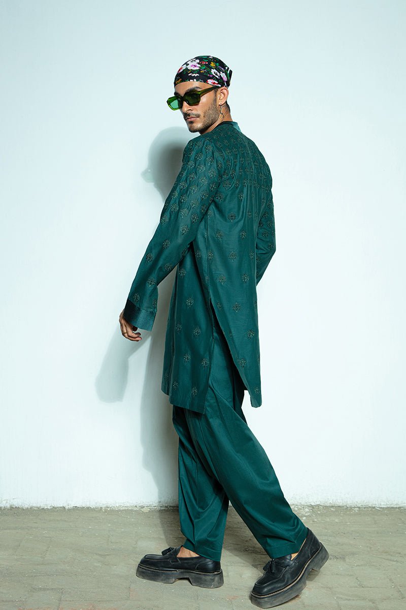 Tropical Green Self-Embroidered Cotton Kurta Shalwar (2-Piece) - Image 9