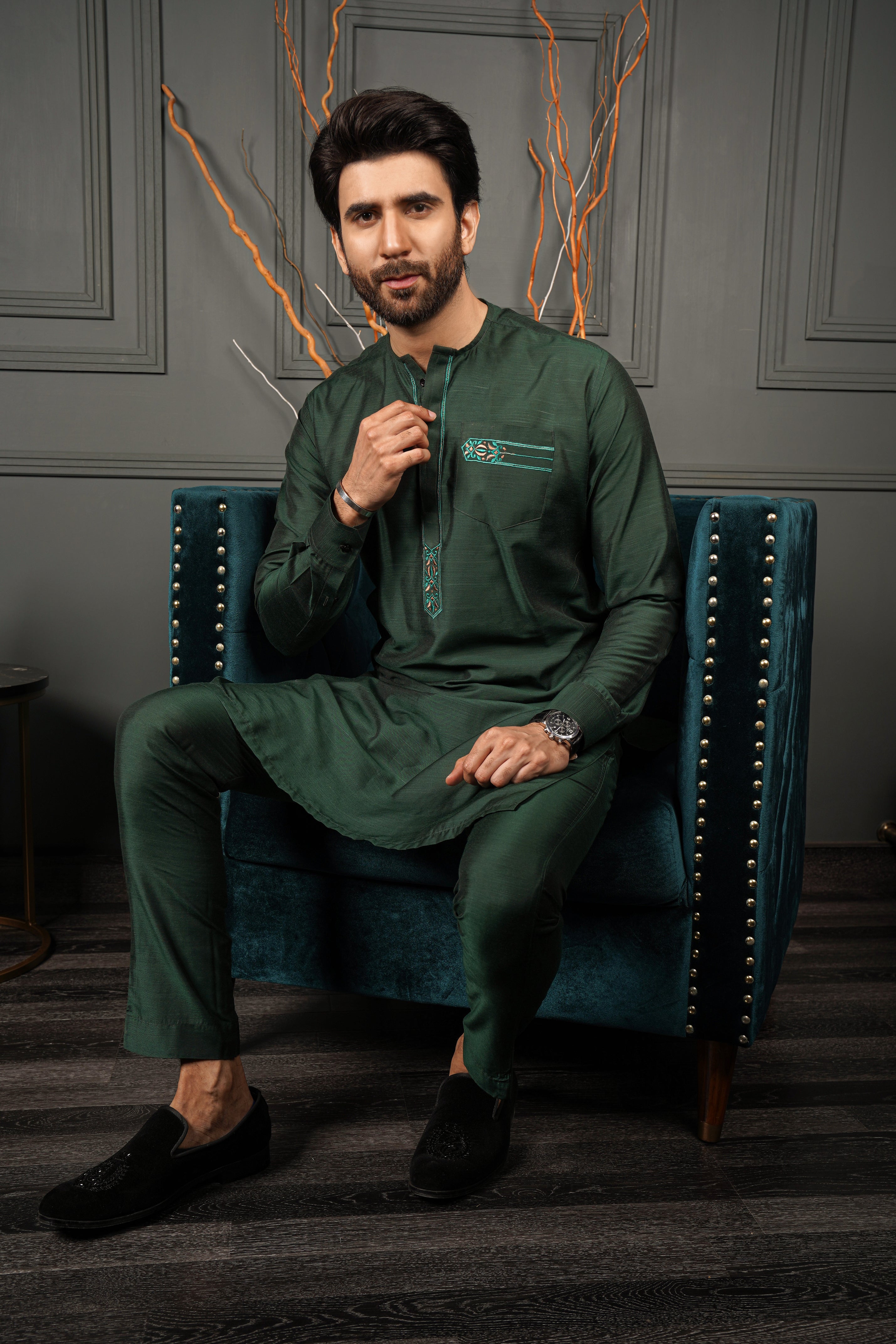 Dark Green Embroidered Cotton Silk Shalwar Kameez (2-Piece) - Image 1