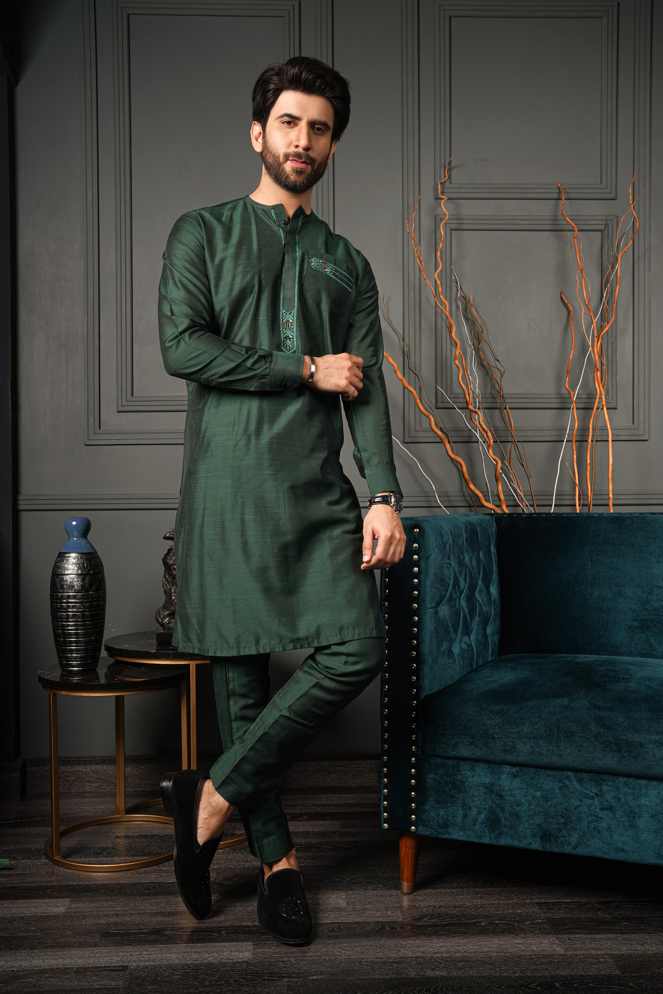 Dark Green Embroidered Cotton Silk Shalwar Kameez (2-Piece) - Image 2